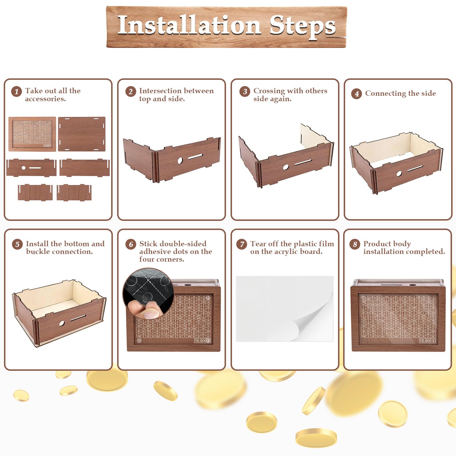 Cash Vault Wooden Savings Box, 2026 New Savings Challenge Box, Wooden Money Saving Box Money Box with Counter, Money Saver with Money 10000 Savings Target and Numbers