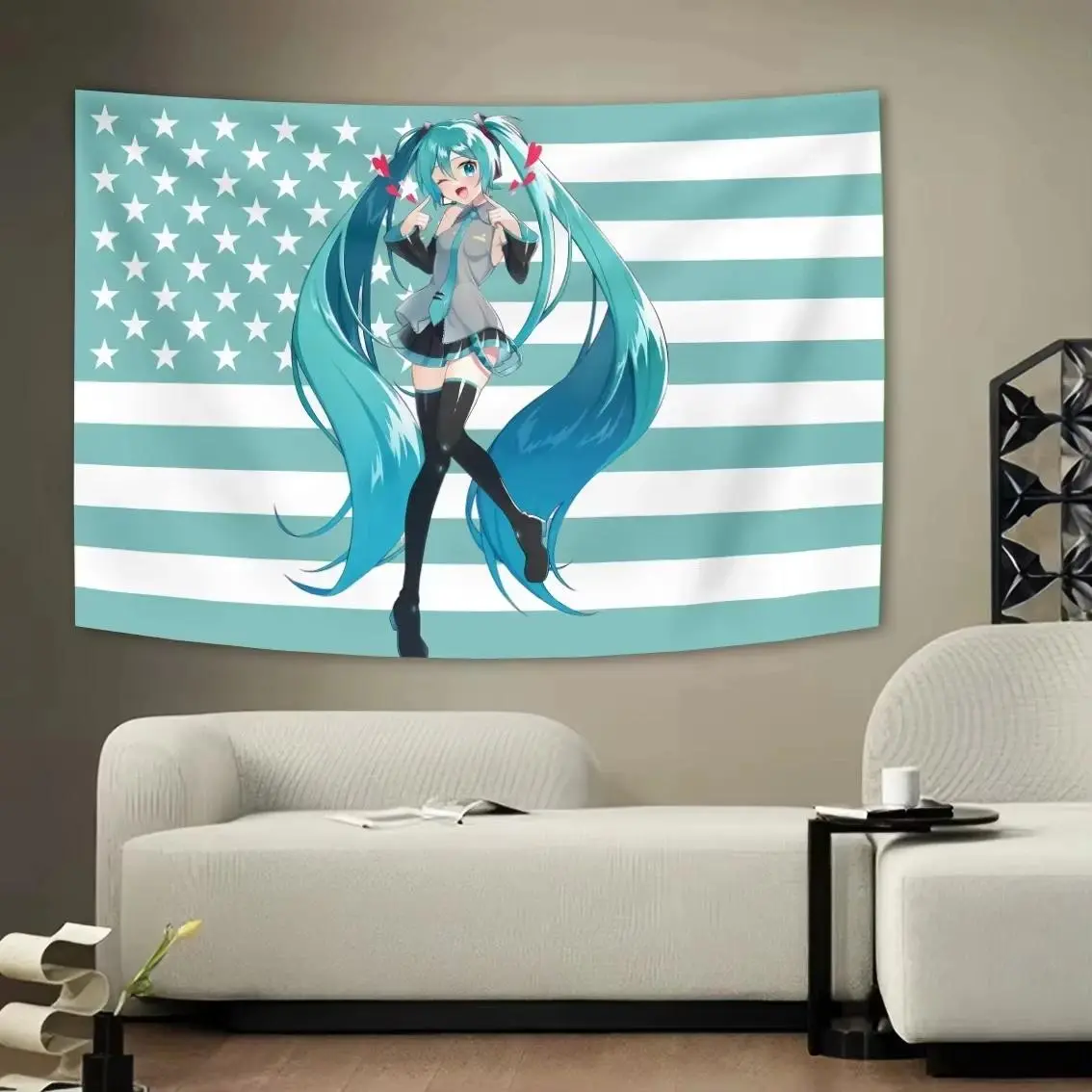 Hatsune Miku Anime Theme American Flag Digital Print Synthetic Polyester Rectangular Wall Hanging Tapestry - Lightweight Home Decor Banner, Dorm Decor, Otaku Gift, Cold Machine Wash, Damage-Free Hang