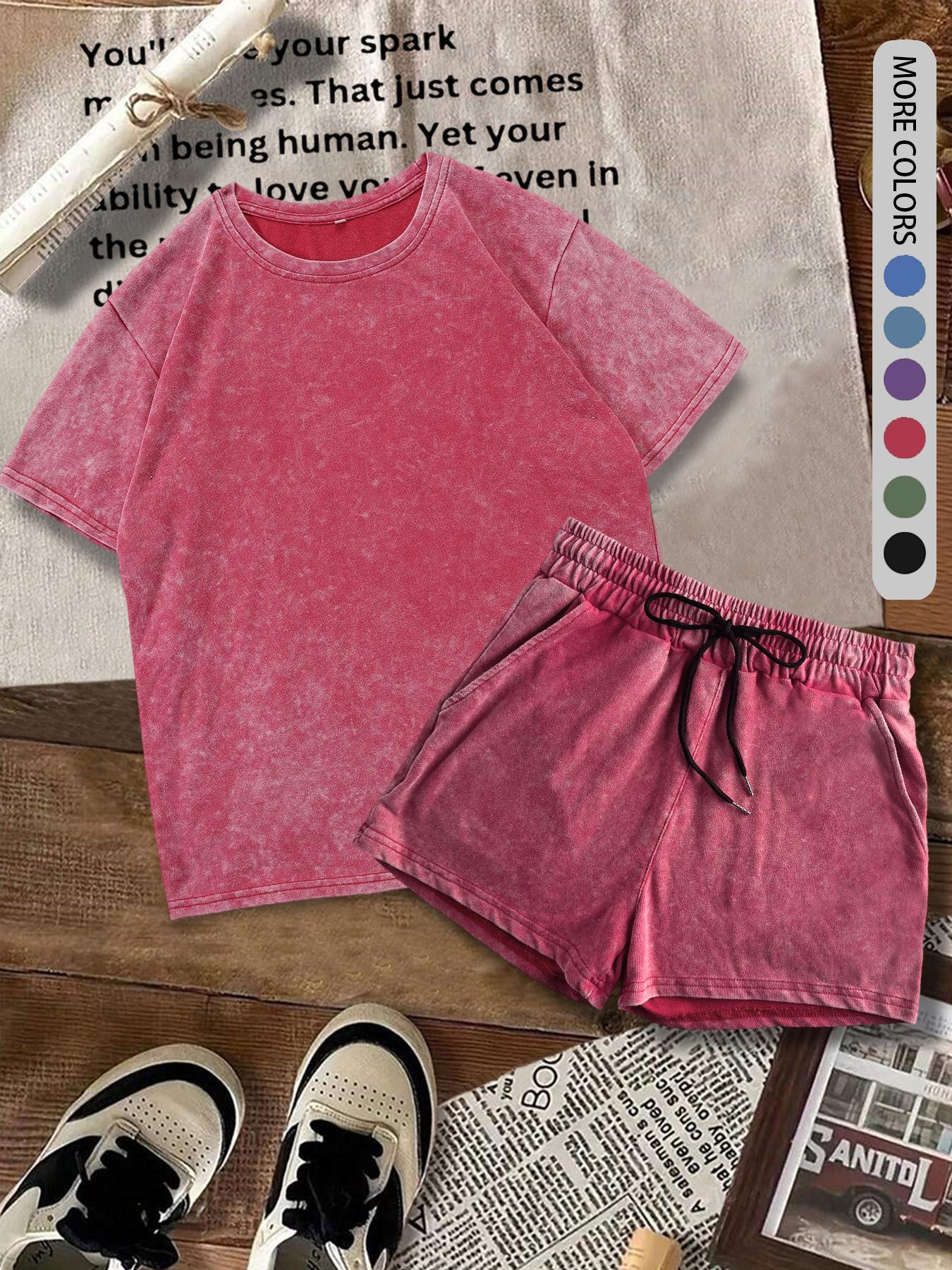 Two-piece Set Women's Solid Color Denim-effect Print Tee & Shorts, Casual Basic Round Neck Short Sleeve T-shirt & Shorts, Ladies Summer Clothes for Daily Wear, Matching Clothing Set Two-piece Set Women's Solid Color Denim-effect Print Tee & Shorts, Casual Basic Round Neck Short Sleeve T-shirt & Shorts, Ladies Summer Clothes for Daily Wear, Matching Clothing Set