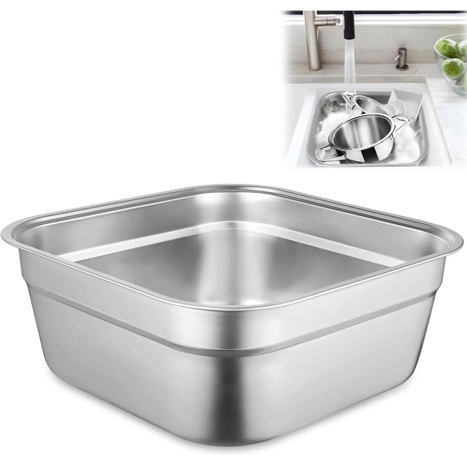 Stainless Steel Washing Up Bowl, Large Multi-Purpose Dish Tub for Sink | 9.4/10.6/4.1/8.5 in; insulated wide rim; flat  base; rust-resistant; stackable; for pots, pans, veggies, fruits