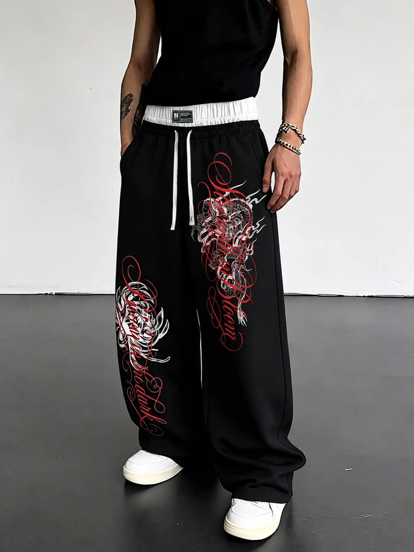 Y2K Cyberpunk Graphic Baggy Wide Leg Oversized Pants with Drawstring Waistband, Mens Loose Track Pants for Hip Hop Dance Practice and Casual Underground Street Style