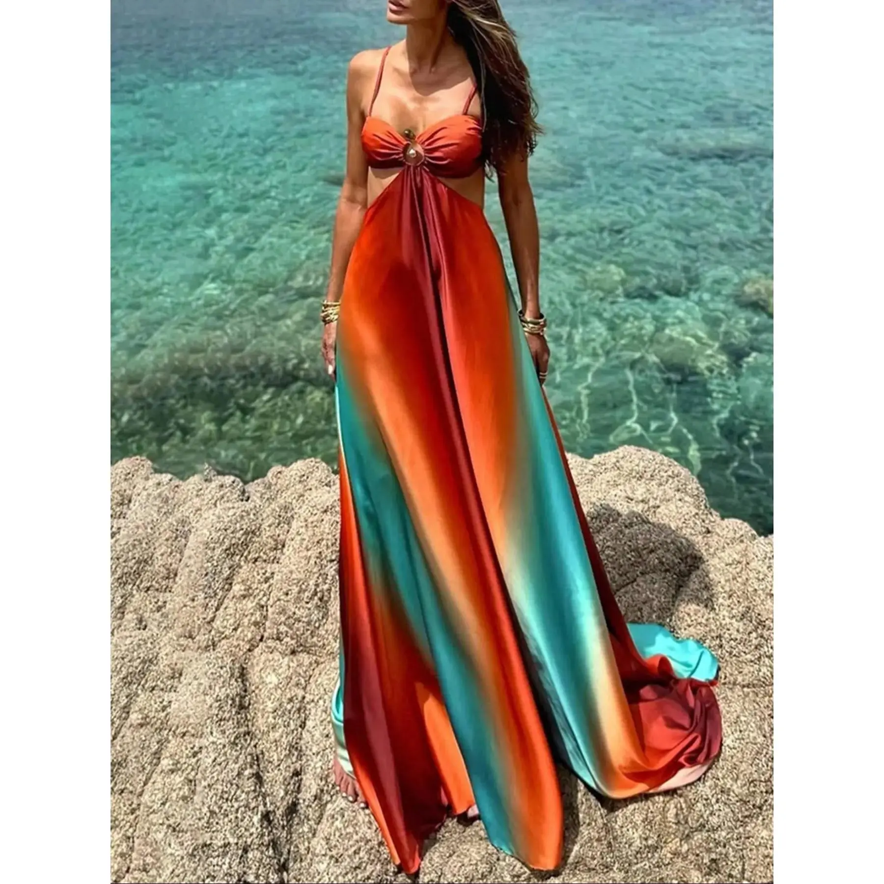 Women's Gradient Satin Maxi Dress Halter Neck Cut Out Backless Spaghetti Straps Sleeveless Ombre, Fashion Holiday Dress, Boho Chic Beachwear Sunset Color Flowy Summer Evening Gown