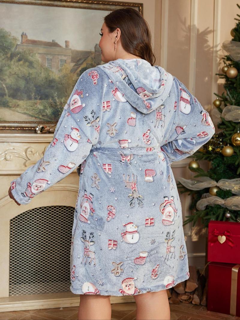 【Plus Size】 Halloween Themed Cartoon Pumpkin Print Glow In The Dark Belted Hooded Lounge Robe, Casual Long Sleeve Pocket Design Dressing Gown, Women's Fluffy Pajamas for Fall & Winter 【Plus Size】 Halloween Themed Cartoon Pumpkin Print Glow In The Dark Belted Hooded Lounge Robe, Casual Long Sleeve Pocket Design Dressing Gown, Women's Fluffy Pajamas for Fall & Winter