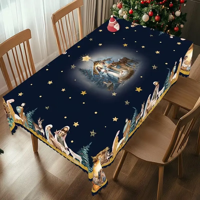 Christmas Retro Print Tablecloth, Deep Blue Base, Christmas Scene Design, Round and Rectangular, Kitchen and Dining Decor, Holiday Gift