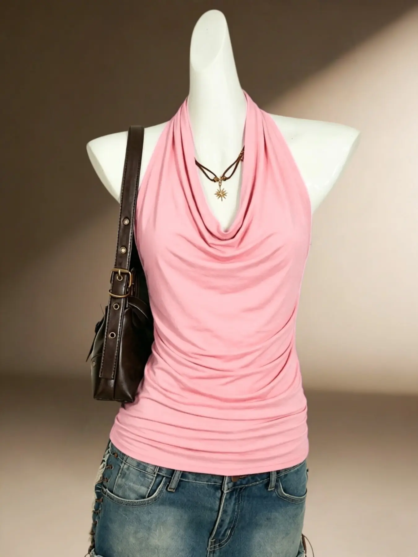 Women's Sexy Halter Top, Ruched Bodycon Fit Flowy Neck Backless Camisole Top, Casual Sleeveless Tops, Perfect for Summer and Vacation Wear, Trendy, Chic and Comfortable