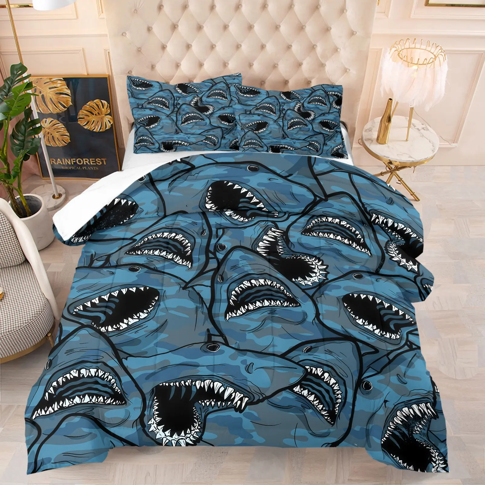 Shark print pattern set, including 1 blanket and 1 or 2 pillowcases without pillowcases, soft children's and adult bedroom decoration gifts
