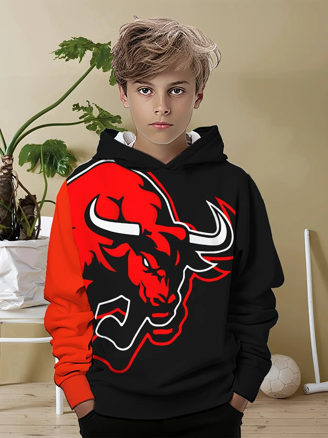 Hooded Sweatshirt with Bull Print, Block Sleeves, Casual Slim-Fit, Fall & Winter Streetwear for Boys