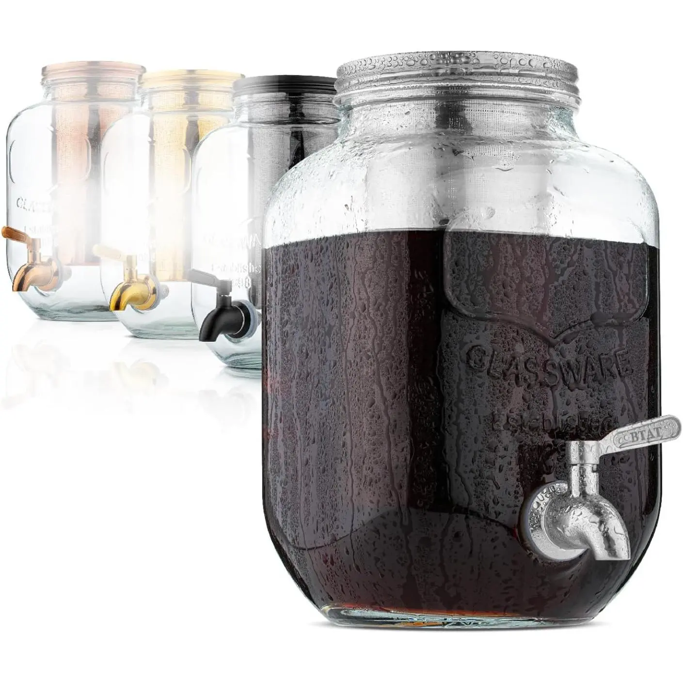 BTT- 1 Gllon Cold  Coffee Mker, Thick Glss Pitcher | Stinless Steel Filter, Lid & Spigot Iced Coffee Sun Te er Mson Jr Cold  Continer Fst Iced Te Mker for Fridge