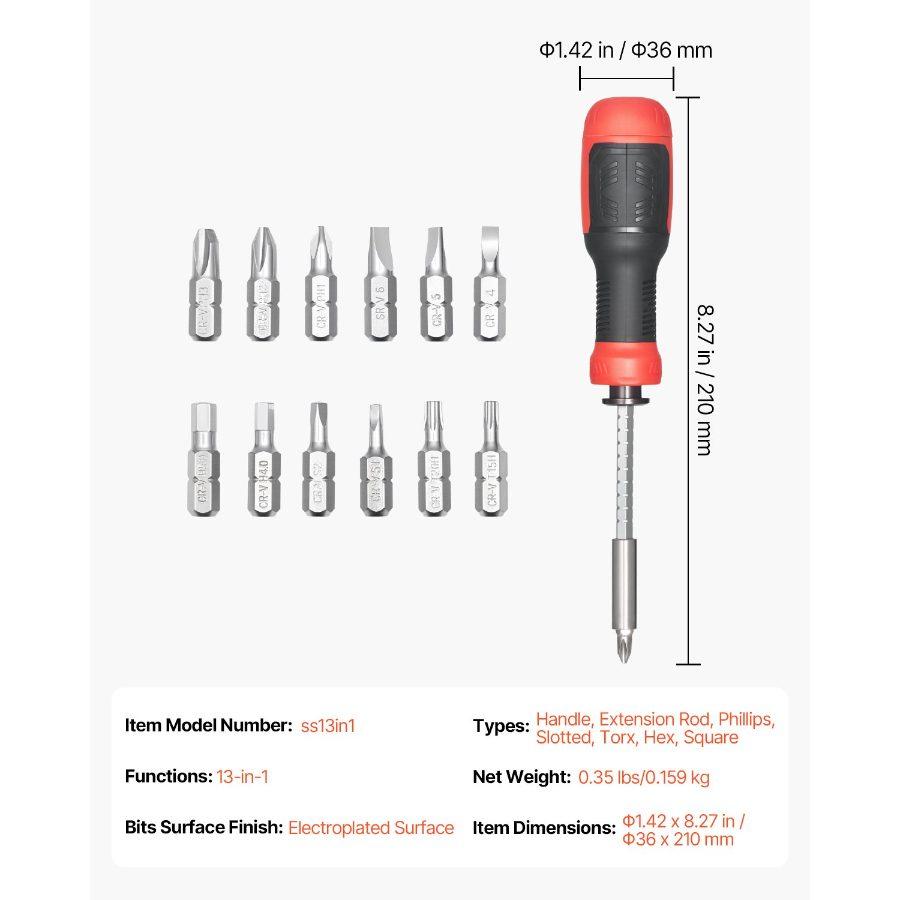 VEVOR Screwdriver Set, 13 in 1 Magnetic Multi Bit Mini Nut Driver Set, Phillips, Flat Head, Torx, Square Bits for Men, Manual Precision Repair Tool Kit for Sockets, Furniture, Home Appliances, Cars