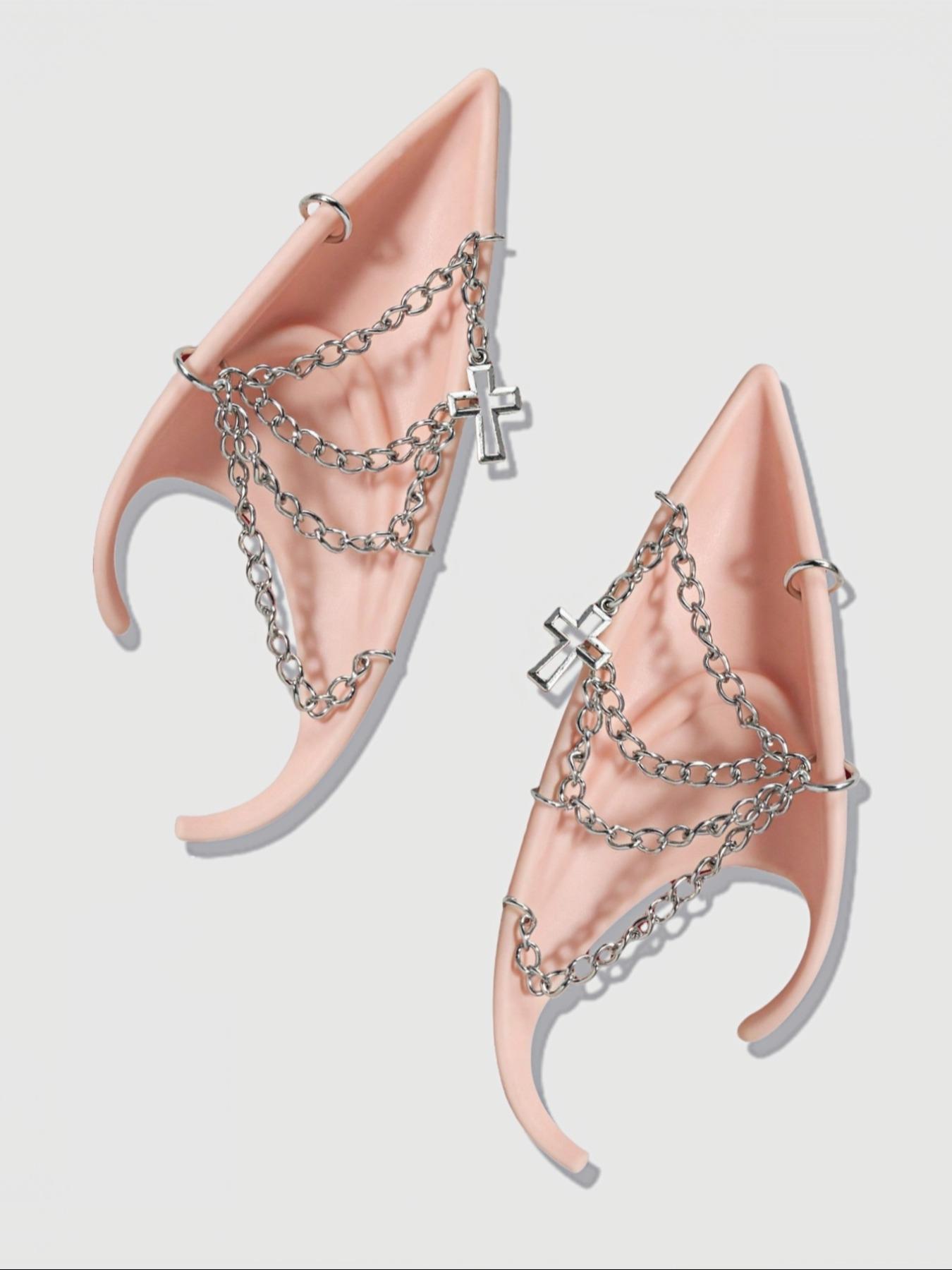 Punk Style Chain & Cross Decor Elf Ear, Fashionable Cosplay Accessories for Women & Girls, Trendy All-match & Exquisite Elf Ear for Cosplay, Party, Costume