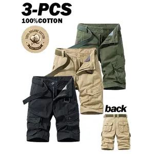 3PCS-100% Organic Cotton Cargo Shorts for Men, Multi-Pocket Knee Length Casual Work Shorts with Free Matching Belt,  Khaki/Grey/Olive/Navy, Durable Loose Fit Outdoor Hiking Tactical Shorts, Vintage Daily Wear Utility Bermuda Shorts, Breathable Soft Cot