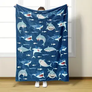 3D Printed Flannel Throw Blanket Shark Fleece Blanket Soft Skin - Friendly Shark Throw for Boys Kids Children Cozy Warm Blanket for Bed Sofa Living Room