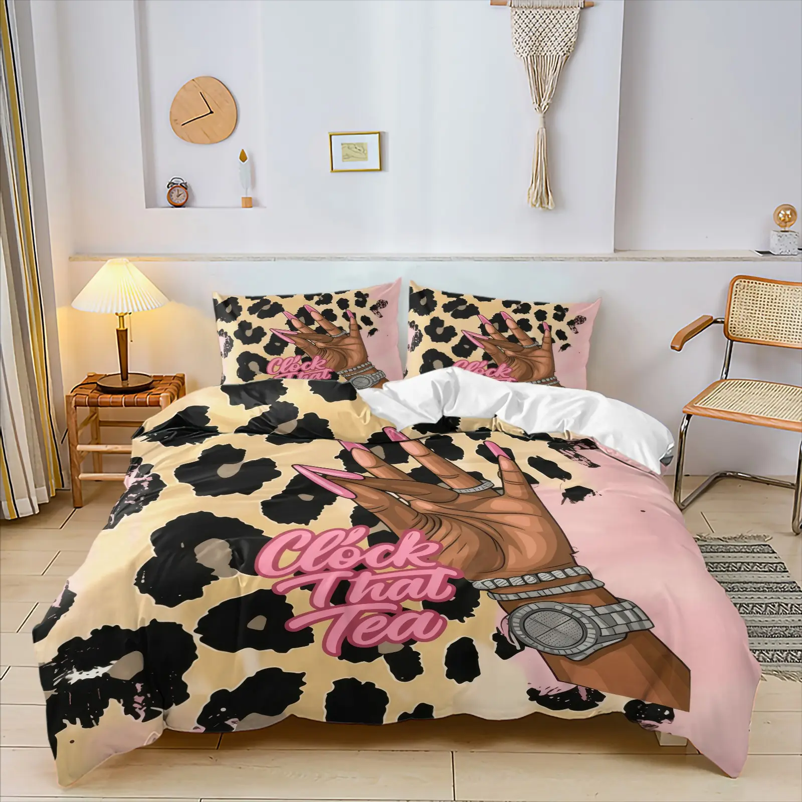 Cream Yellow Leopard Palm Illustration With Clock That Tea Slogan Duvet Cover Set & 1-2 Coreless Pillowcases, Breathable And Cozy, Stylish Girl Power Bedding, Suitable For Modern Feminine Bedroom Decor
