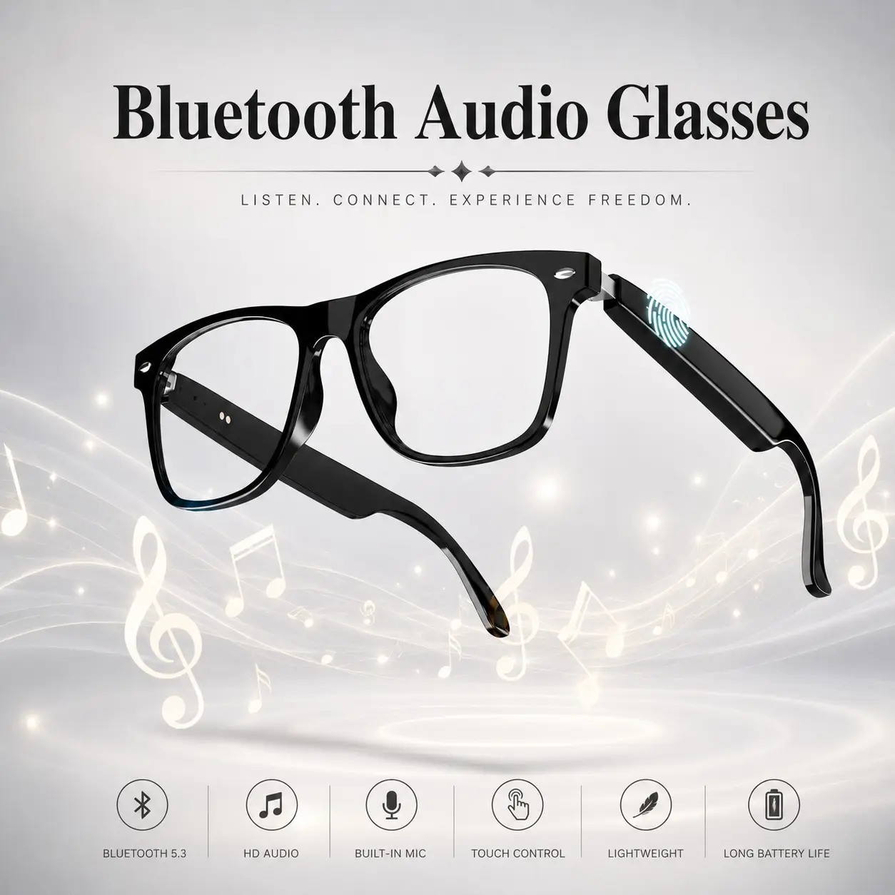Bluetooth Smart Glasses for Men Women, Smart Audio Glasses,Open-Ear Speakers with Built in Mic, Hands-Free Calls, Touch Control and Voice Assistant,UV Protection