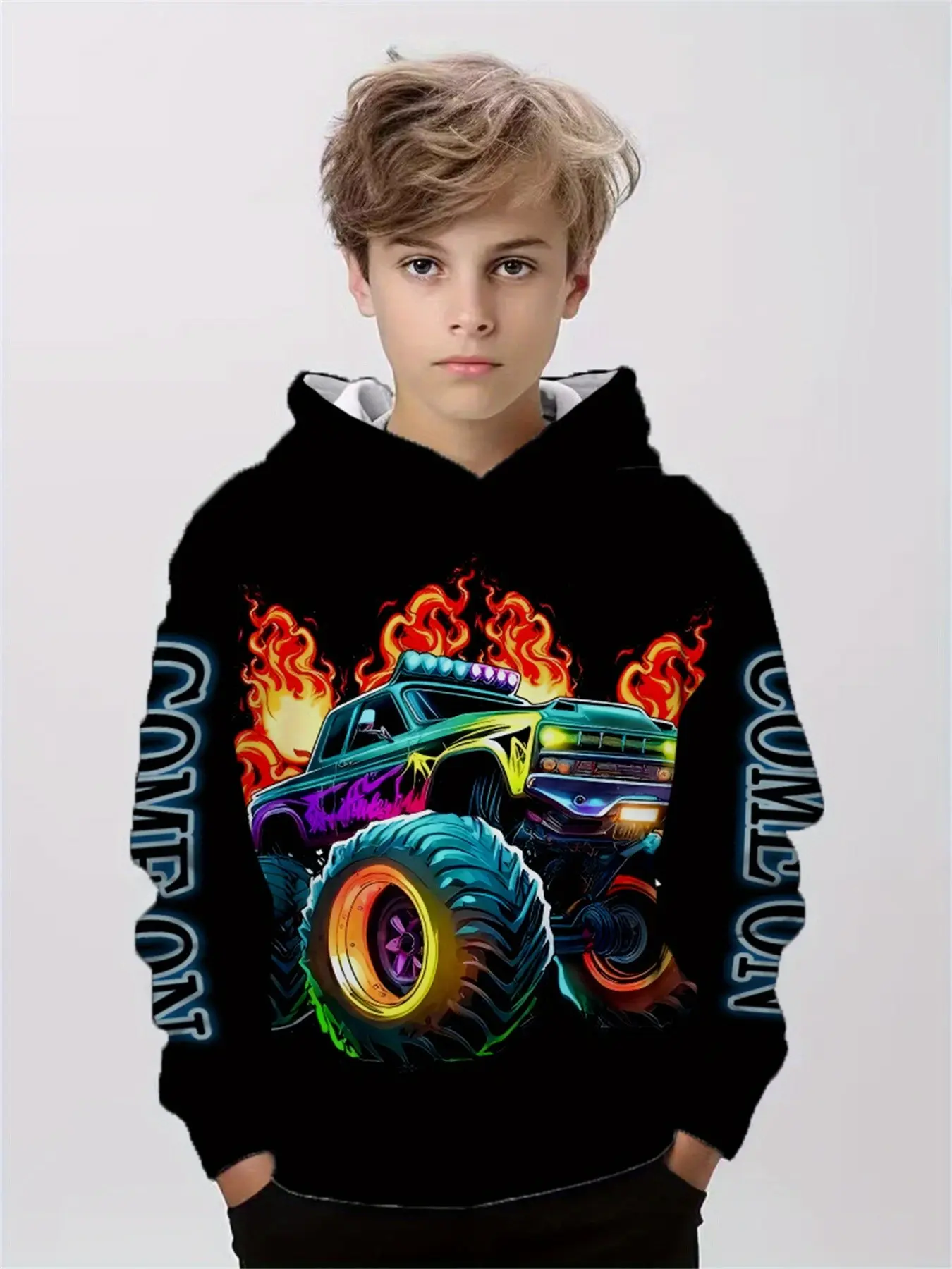 3D Print Monster Truck Hoodie, Flame Car Graphic Long Sleeve Sweatshirt, Casual Fall Winter Outdoor Wear, Boy's Gift
