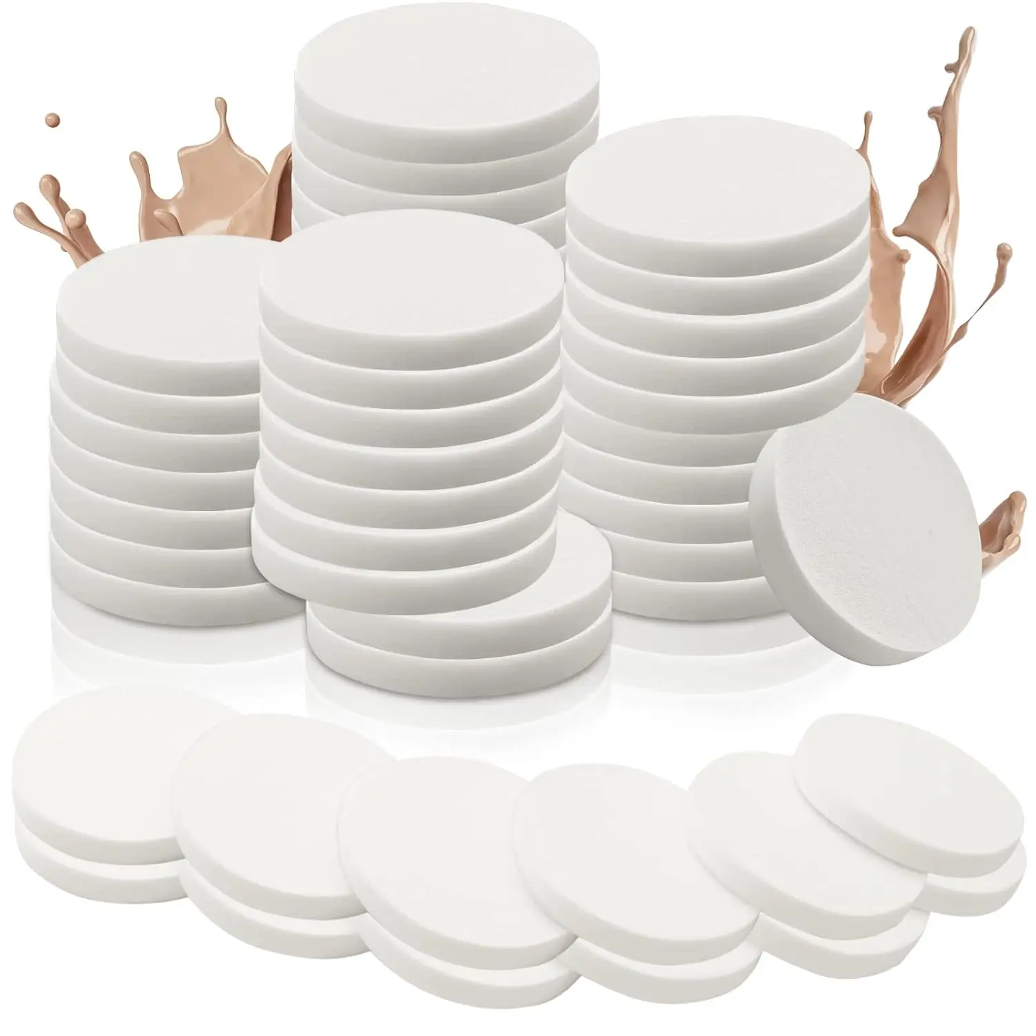 48-Piece Round Makeup Sponges, Compact Facial Powder Puffs for All Skin Types, for Wet and Dry Blending of Foundation, Cream, and Powder, Round/Trig., Wet/Dry, Apply Makeup, Blends Well, Multiple Shapes, Wet/Dry Use