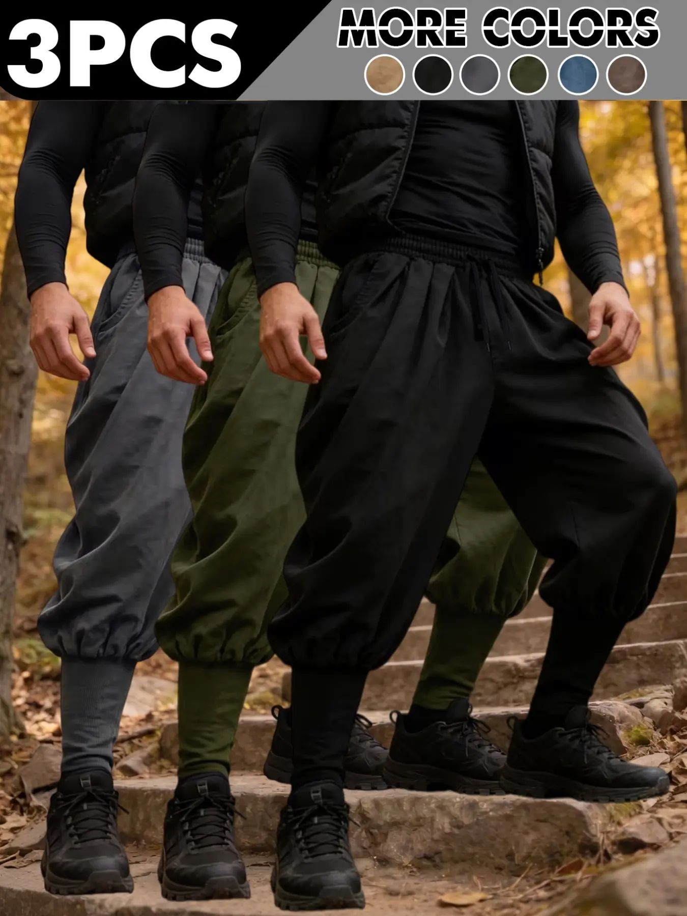 Men's 3-Pack American Style Polyester Ninja Pants, Loose Harlan Fit, Elastic Waist Drawstring, Streetwear Casual Long Pants, Ideal for Daily Wear, Outdoor Hiking