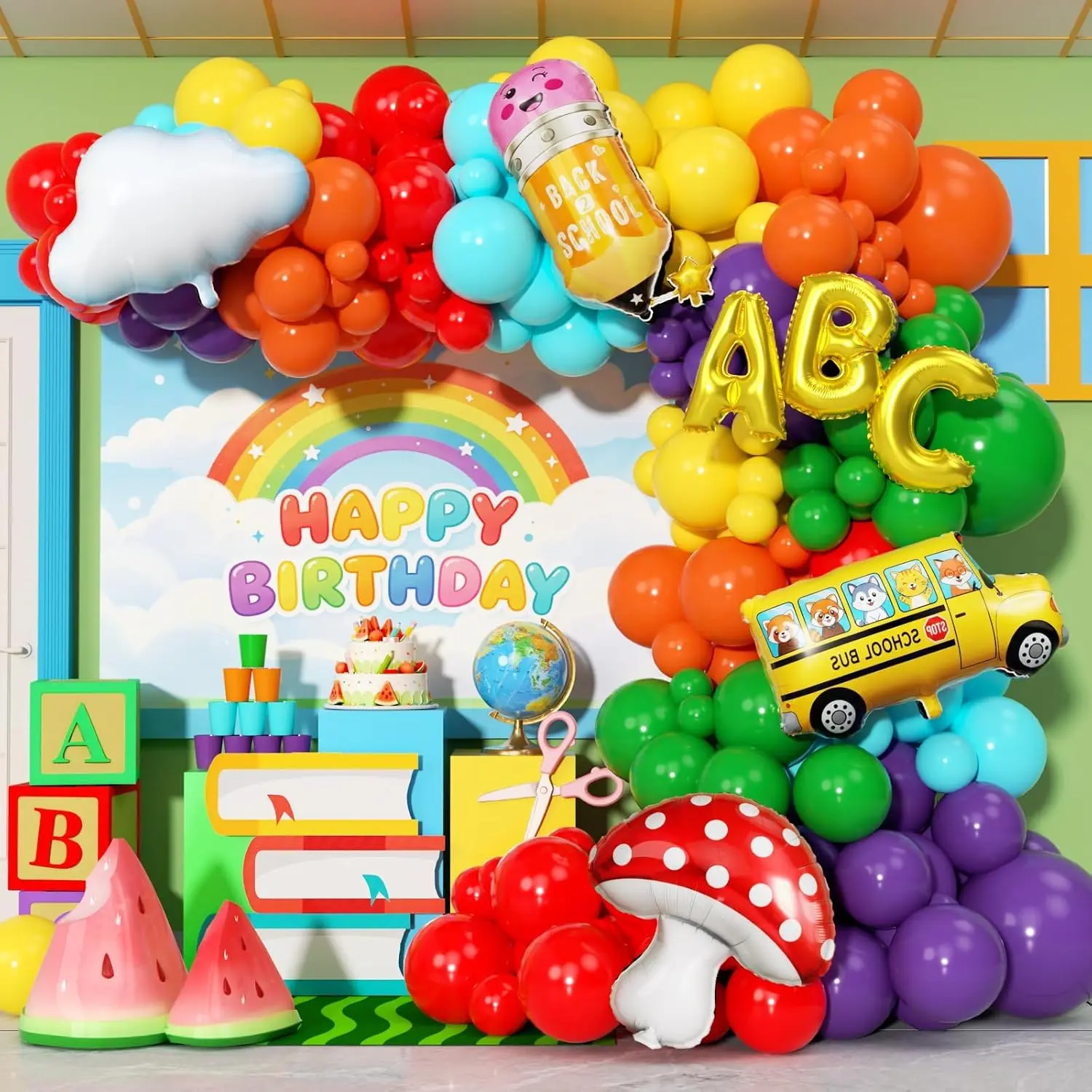 Rainbow Balloon Arch Garland Kit 173 count,  to School Balloon with School Bus Pencil ABC Mushroom Cloud Foil Balloons for Watermelon Birthday  to School  Graduation Decor