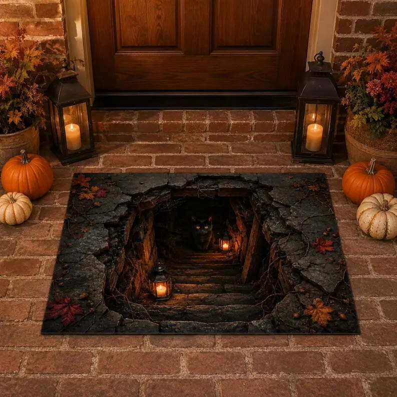 Spooky Black Cat Halloween Doormat – Optical Illusion Welcome Mat for Front Door, Creepy Fall Porch Decor