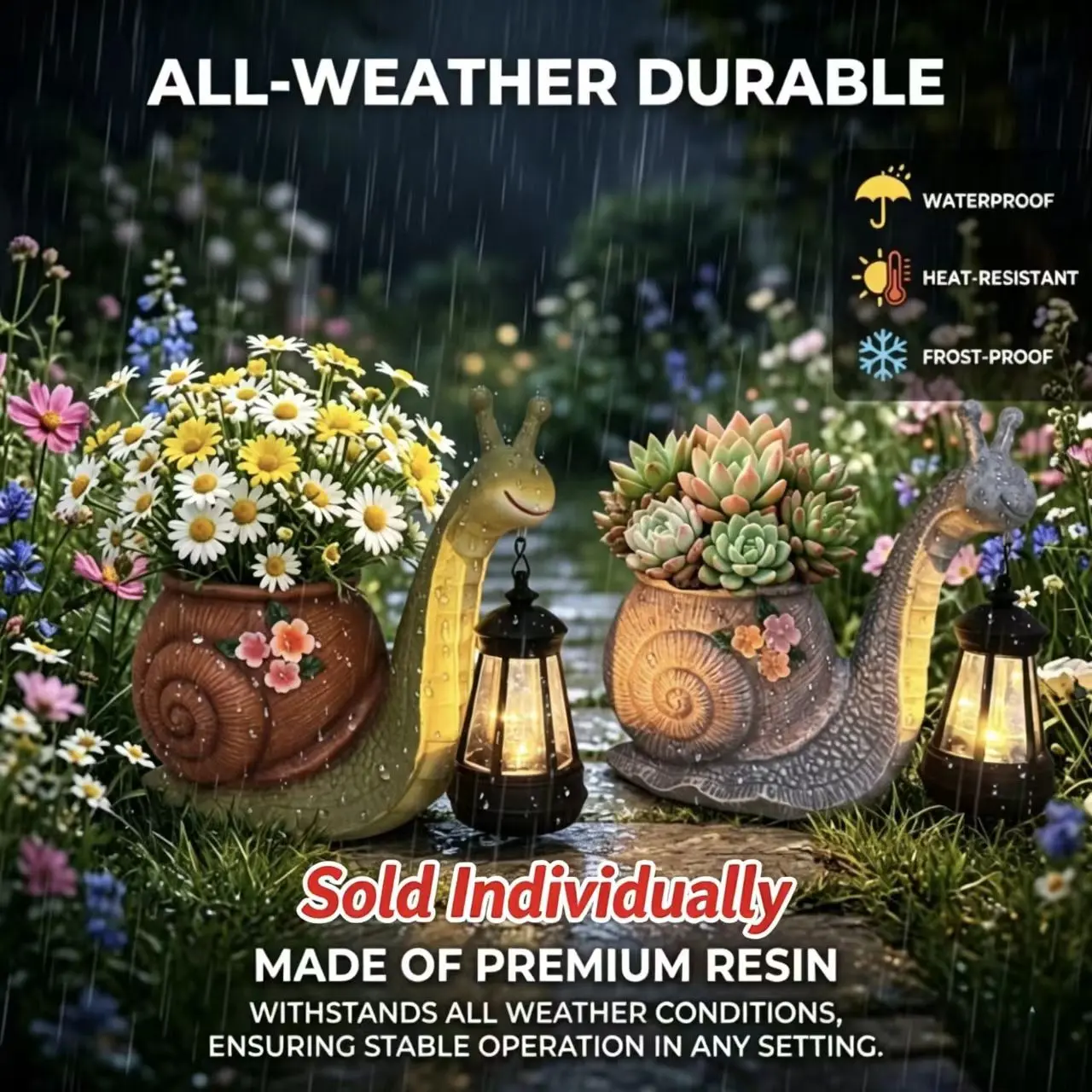 Solar Snail Planter Statue with Lantern, Waterproof Garden Yard Decor, Outdoor Decoration, Light Up Statue, Energy Efficient, Durable Design
