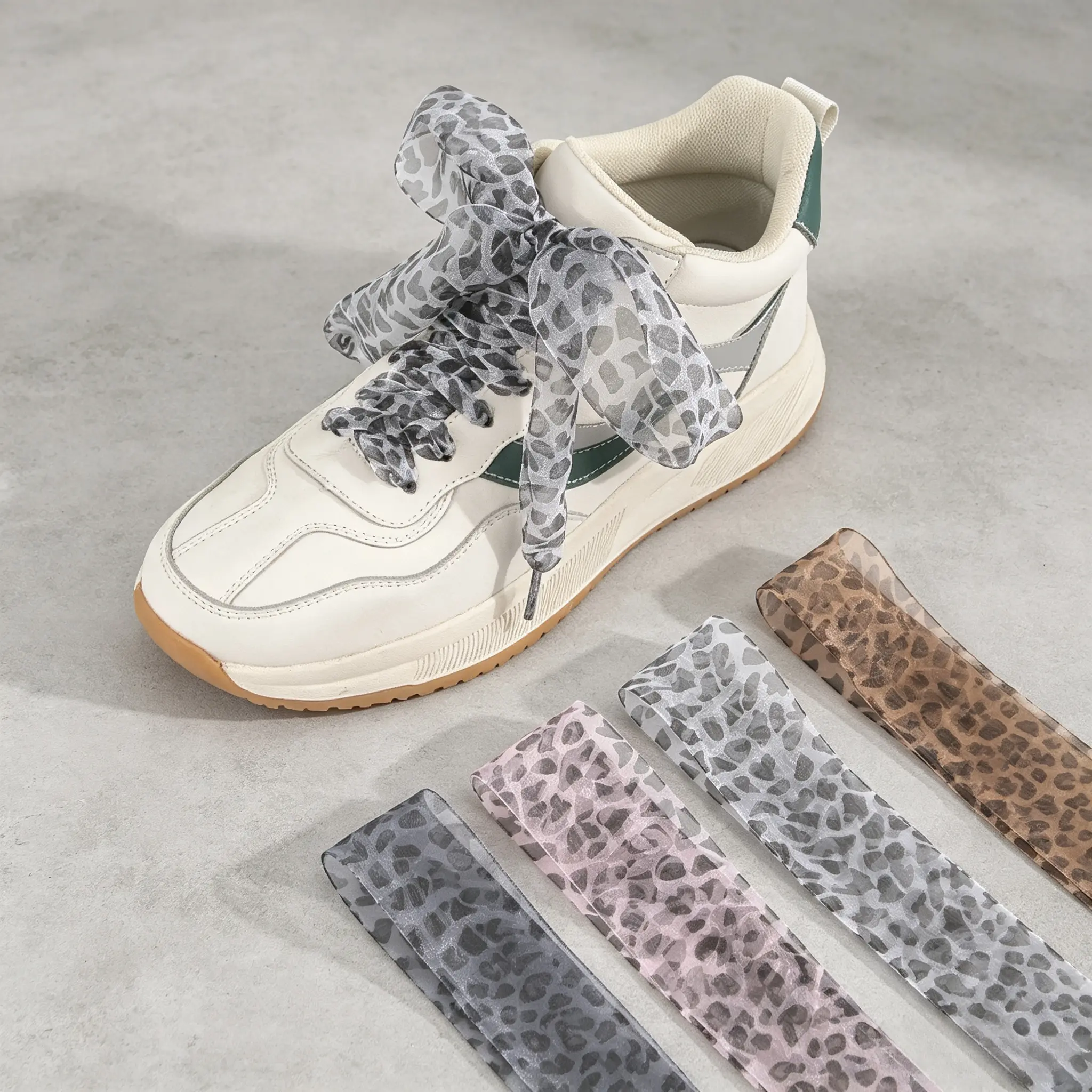 White Leopard Print Ribbon Shoelaces, Wide Sheer Organza Shoe Laces for Sneakers, Y2K Fashion Accessories for Women Girls