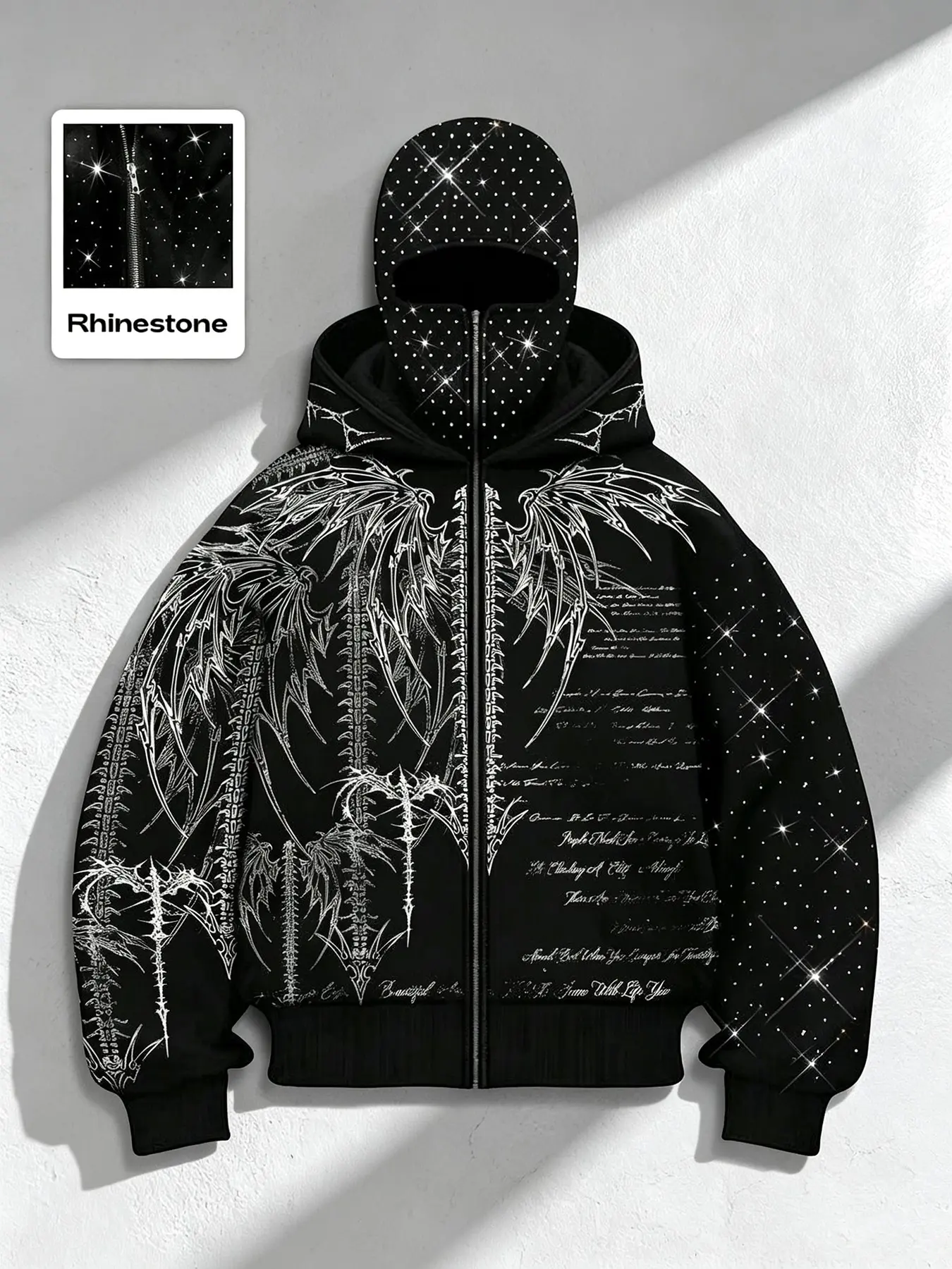 Y2K Retro Dark Rhinestone Full Face Mask Sweatshirt, Thorns Skeleton Wings Print, Street Style Zipper Coat, Unisex Fall Winter Apparel