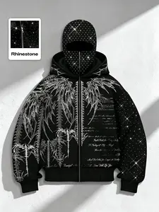 Y2K Retro Dark Rhinestone Full Face Mask Sweatshirt, Thorns Skeleton Wings Print, Street Style Zipper Coat, Unisex Fall Winter Apparel