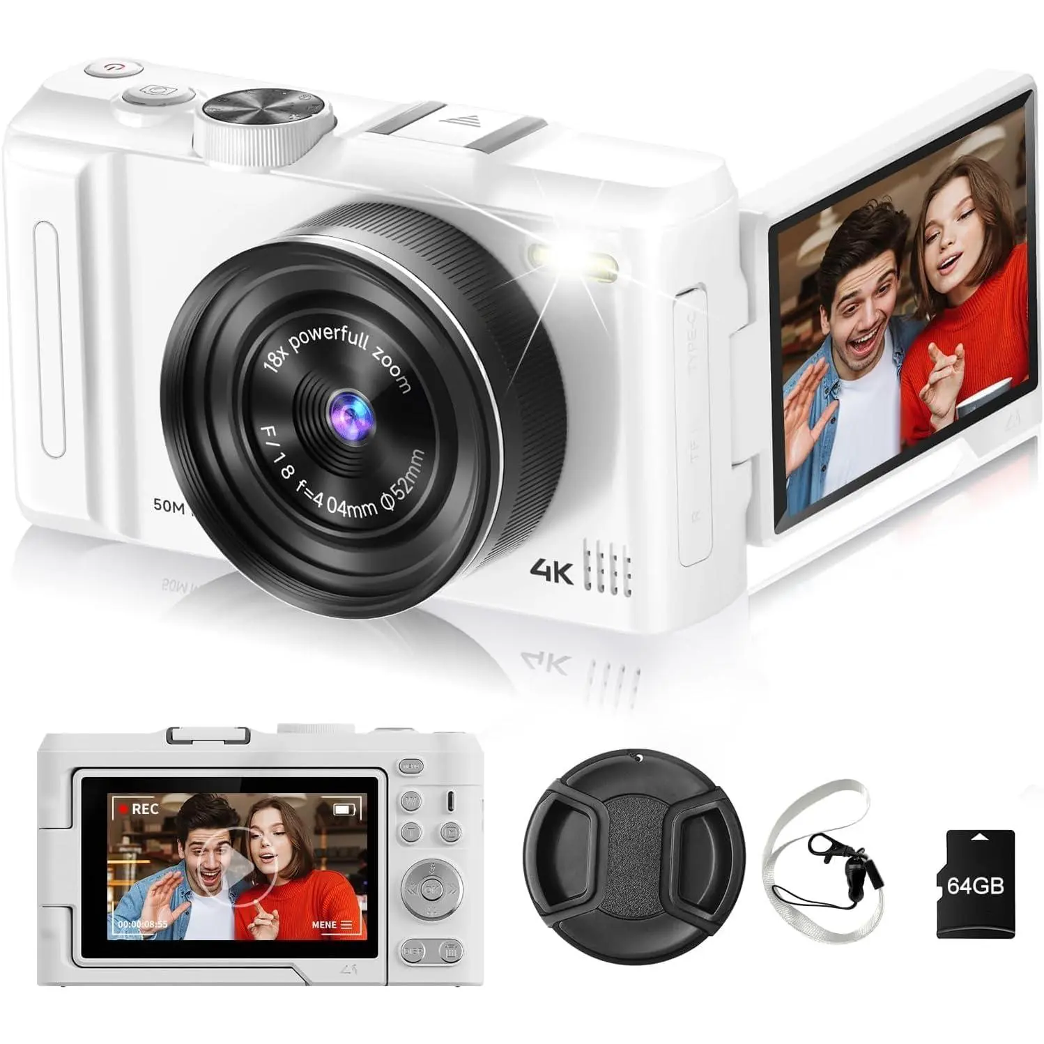 Digital Camera 4K for Photography, 50MP Vlogging Camera for YouTube Video with Flash and 3" 180? Flip Screen, 18X Digital Zoom Compact Travel Cameras with 64GB TF Card for Teens Beginner (White)