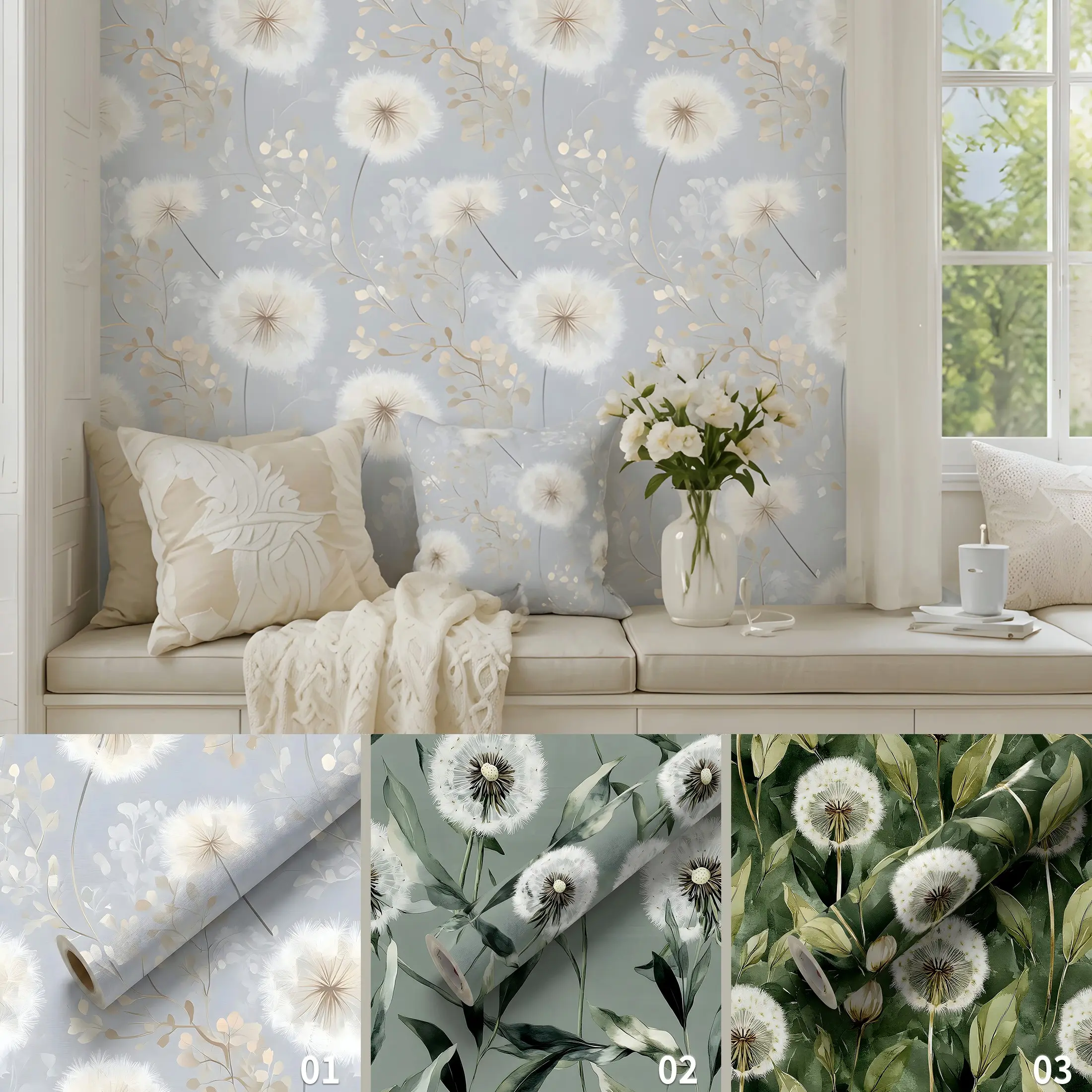 Self-Adhesive Watercolor Dandelion Wallpaper, 17.5 Inches, Nordic Minimalist Style, Waterproof, Fireproof, Easy Clean, DIY Cuttable