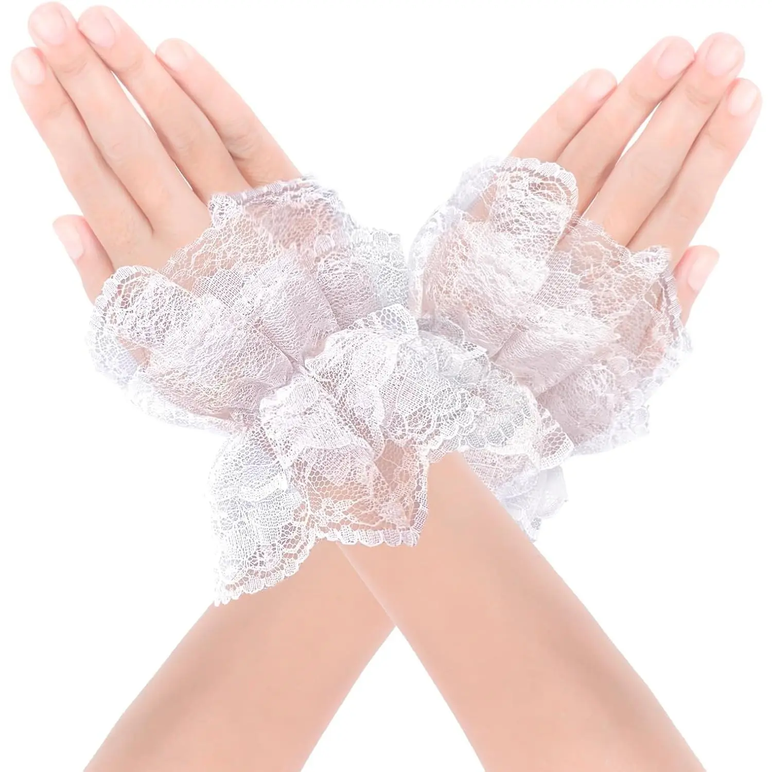 Women's Synthetic Lace Wrist Cuffs - Lolita Look Ruffled Bow Stretch Fit Party Wear, Elastic Hand Accessories for Halloween, Wedding