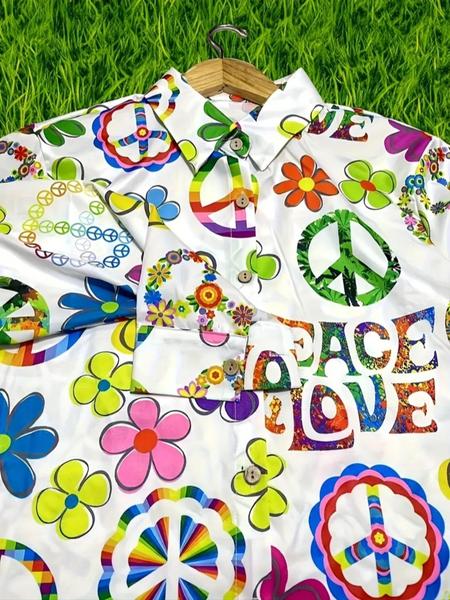 Women's Bohemian Style Printed Long Sleeve Shirt, Vibrant Peace Love Design, Casual Button Up for All Seasons