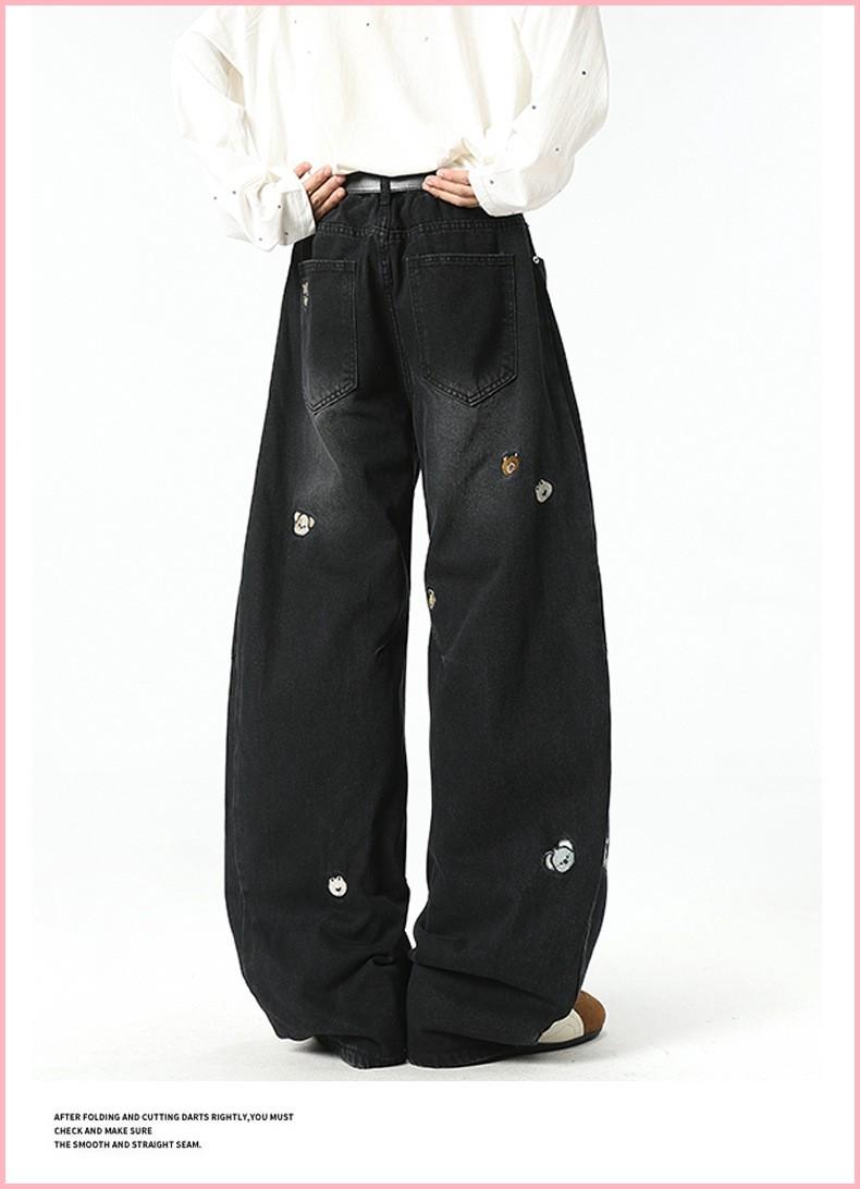 American High Street Trendy Brand Cartoon Embroidered Versatile Distressed Scimitar Pants Wide Leg Pants Straight Jeans