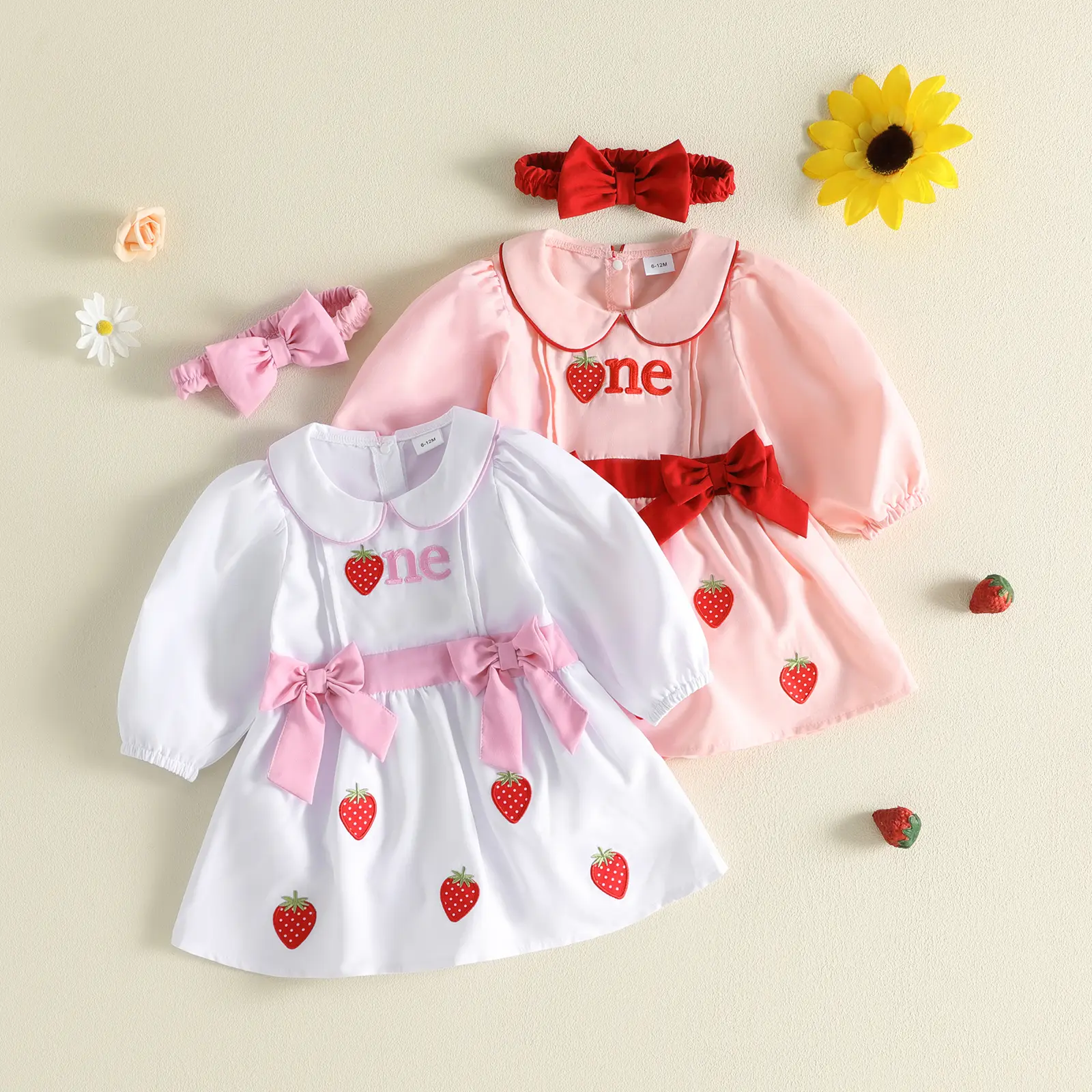 Infant Baby Girl My First Birthday Romper Dress Strawberry Embroidery Long Sleeves Bodysuit Fall Winter 6-18 Months