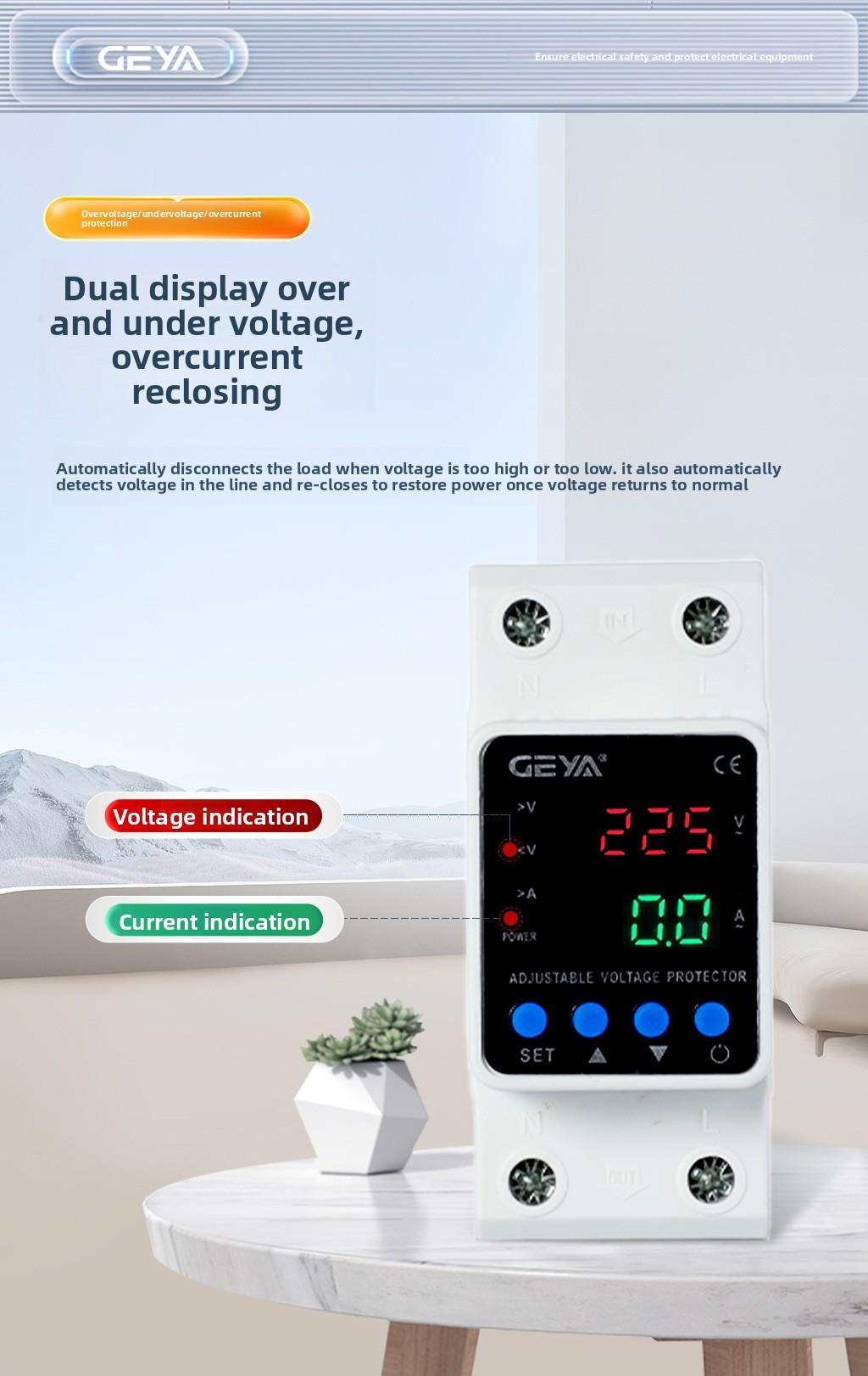 63A Smart Adjustable Voltage Protector 2P 110V/220V with Power Metering & Energy Monitoring, Over/Under Voltage Protection & Current Limit, Auto-Reset, KWh Consumption Meter
