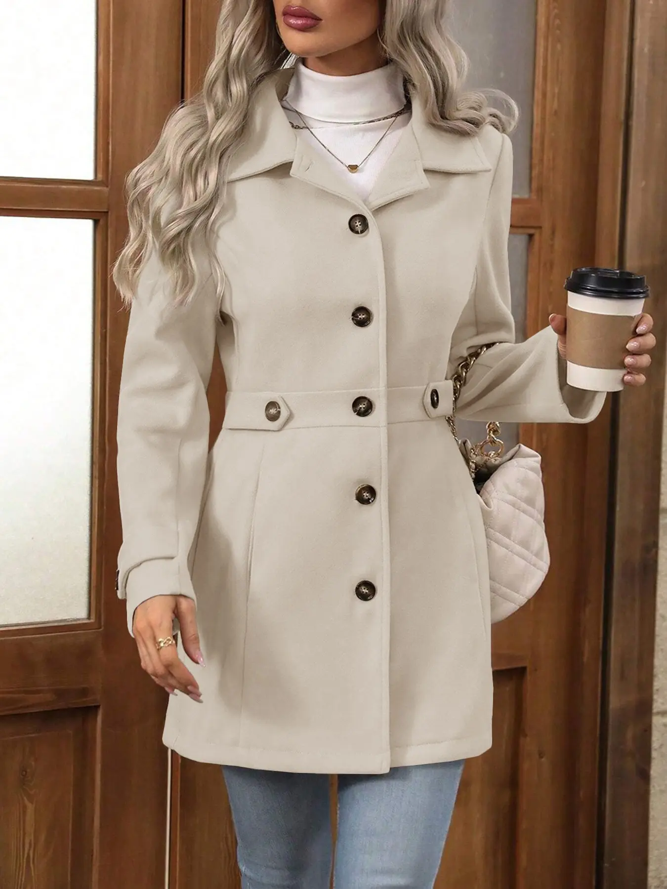 Women's Roll Collar Long Sleeve Outerwear, Elegant Loose-Fitting Button Closure Coat, Casual Solid Color Fall Winter Jacket, Collared