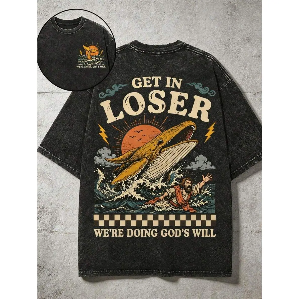 Men Washed Vintage Jonah Whale Ocean Sunset Faith Slogan Double Sided Print Street Short Sleeve Tee Summer Daily Tops,Graphic T Shirts,Halloween