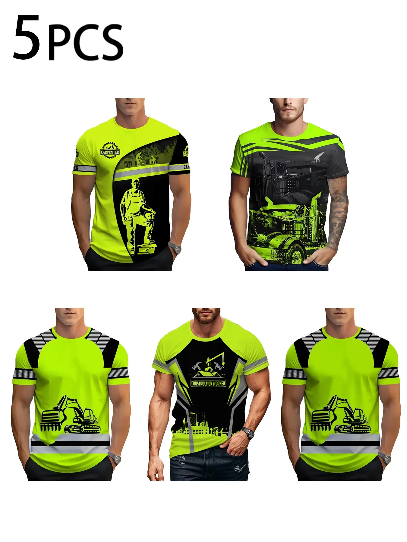 5-Pack High-Visibility Fluorescent Safety Work Shirts, Heavy Machinery Construction Worker Casual Short Sleeve Tops, Daily Wear