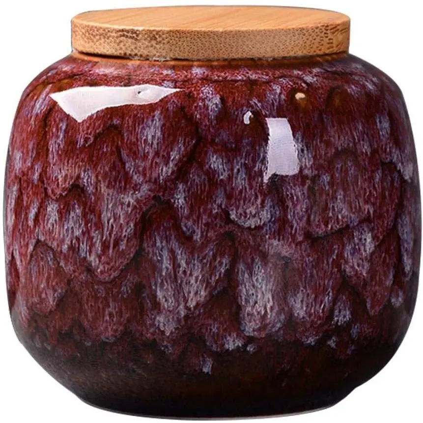 Ceramic Storage Jars,  Chinese Style Storage Jars with Bamboon Lid, Traditional  Tins Cans Canister for Kitchen , , Coffee, Condiment (Rogue red carmine)