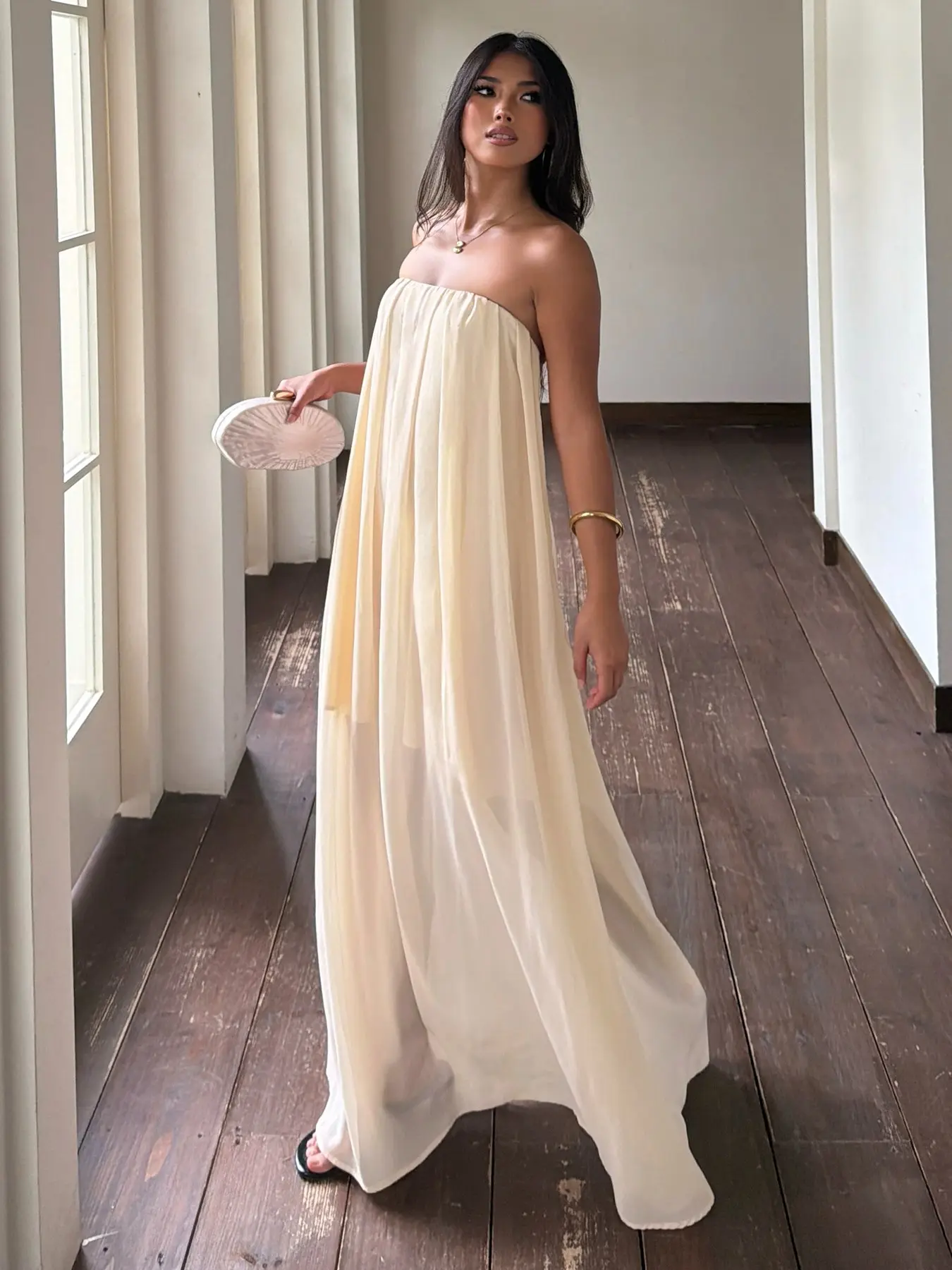 Coastal Vacation Flowy Draped Mesh Fabric Tube Dress, Semi-Sheer Spliced Loose A-Line Maxi Dress, Casual Retro Sexy Solid Basic Sleeveless Open Back Party Dress For Summer