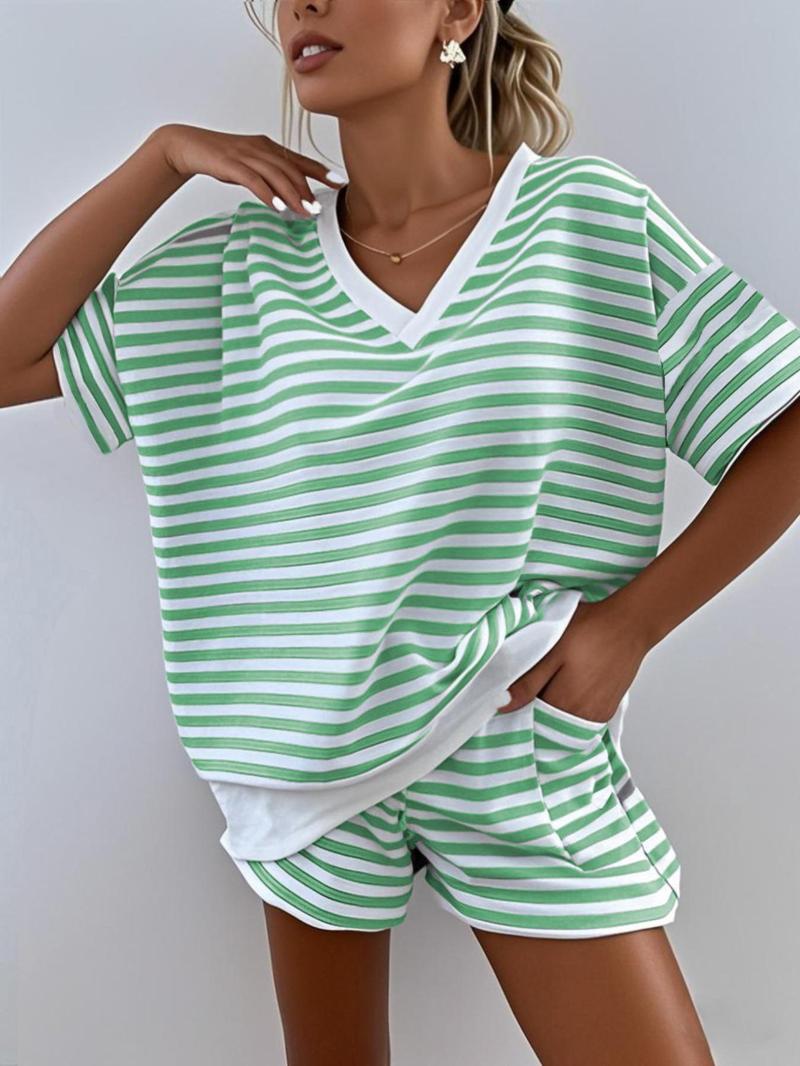 Women's Striped Print V Neck Tee & Shorts Loungewear Set, Casual Comfy Short Sleeve T-shirt & Shorts Set, Ladies Sleepwear for Summer Pajama Set