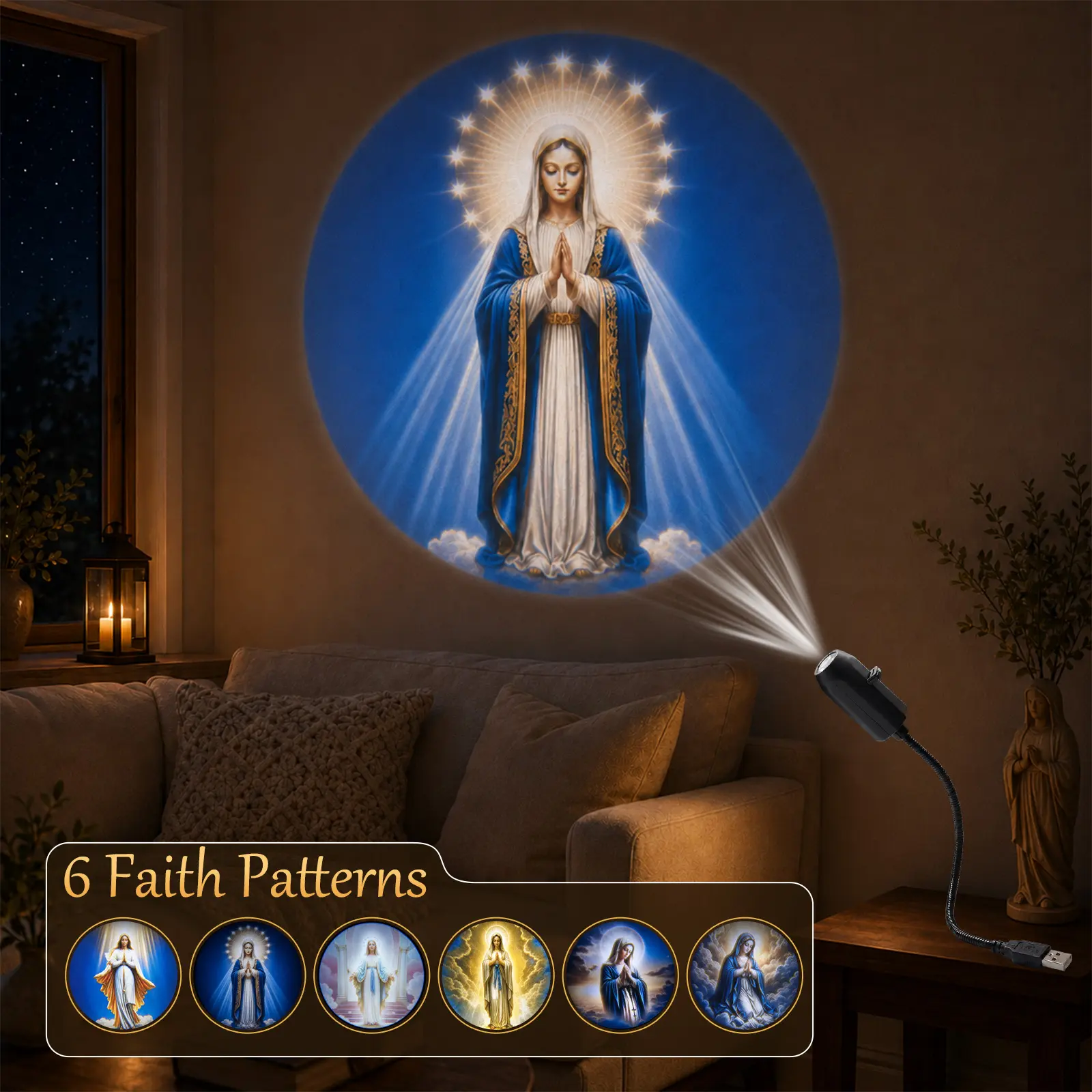 Virgin Mary Projector Light with 6 Changeable Patterns, Portable USB Projection Lamp for Prayer Room, Bedroom and Ceiling Decoration