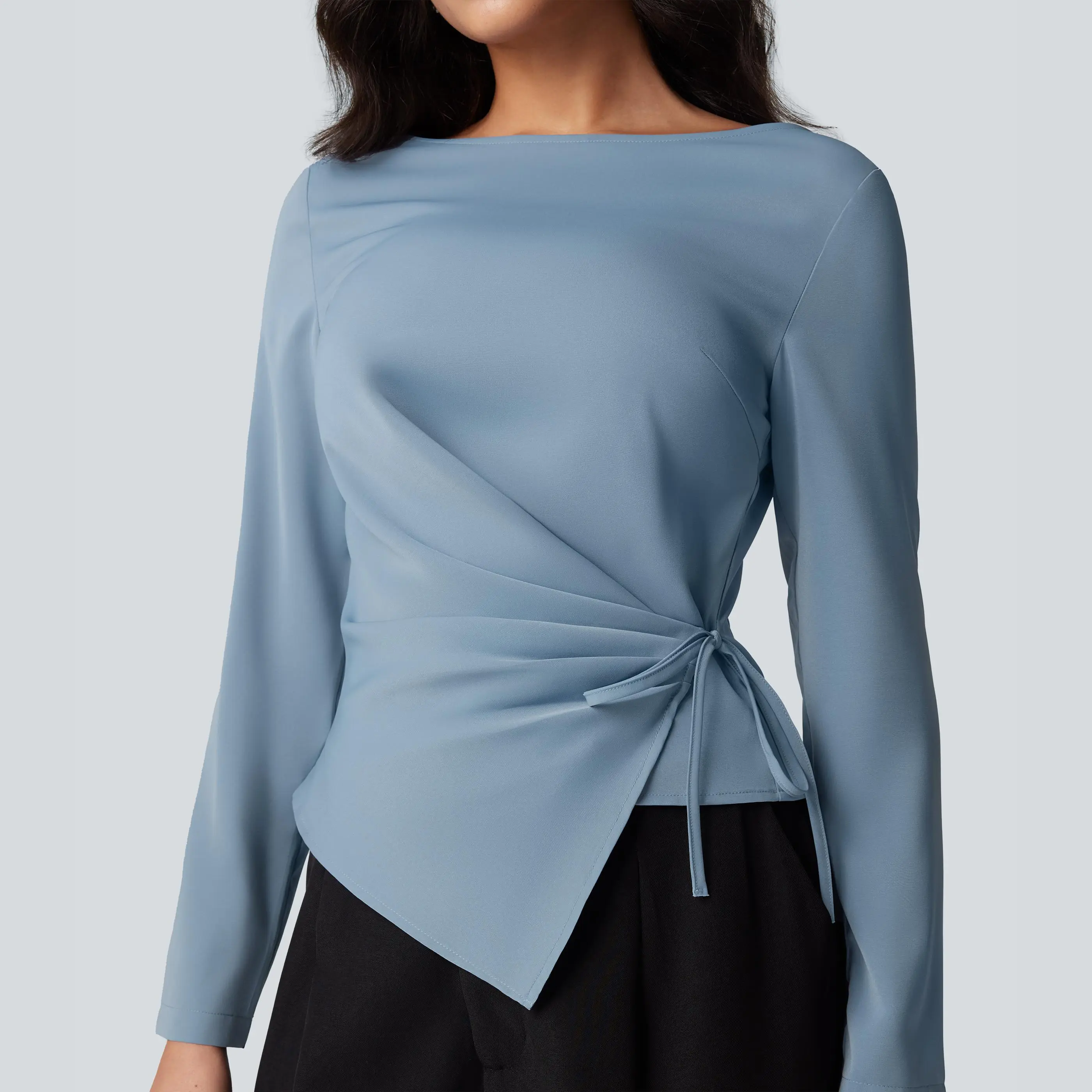 Halara Wrinkle Recovery Boat Neck Long Sleeve Ruched Tie Work Blouse