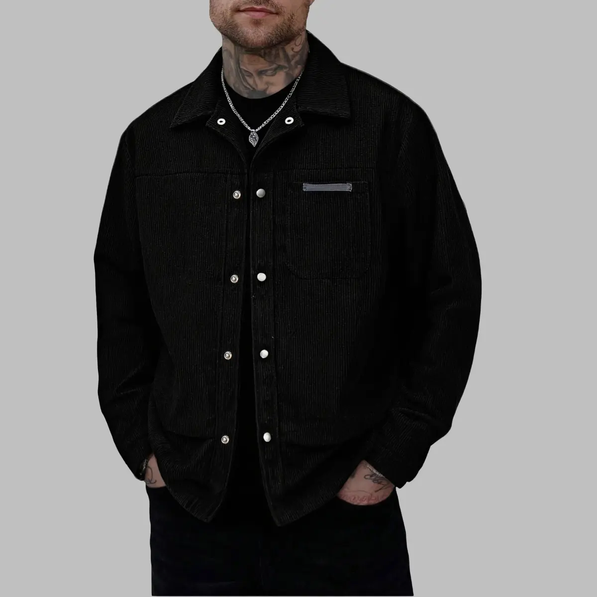Men Black Corduroy Button‑Up Shacket, classic lapel collar design, mixed silver‑tone snap button closure for easy on‑and‑off, chest patch pocket decorated with subtle contrast trim plus lower side hand pockets for convenient storage, distinct vertical cor