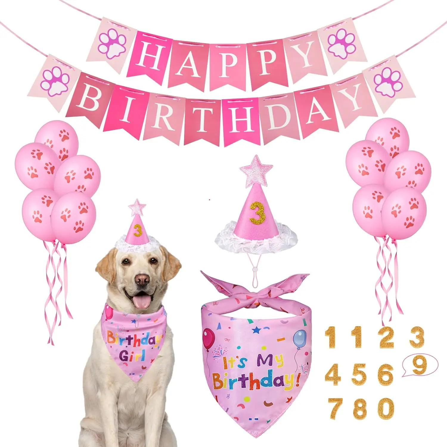 Cotton Double-Sided Dog Birthday Party Supplies Set - Printed Bandana, Numbered Hat, Flag, Balloon, Photo-Ready Pet Outfit, Canine Dressing Up Gifts (Multi-Size for Small, Medium, Large Pets)