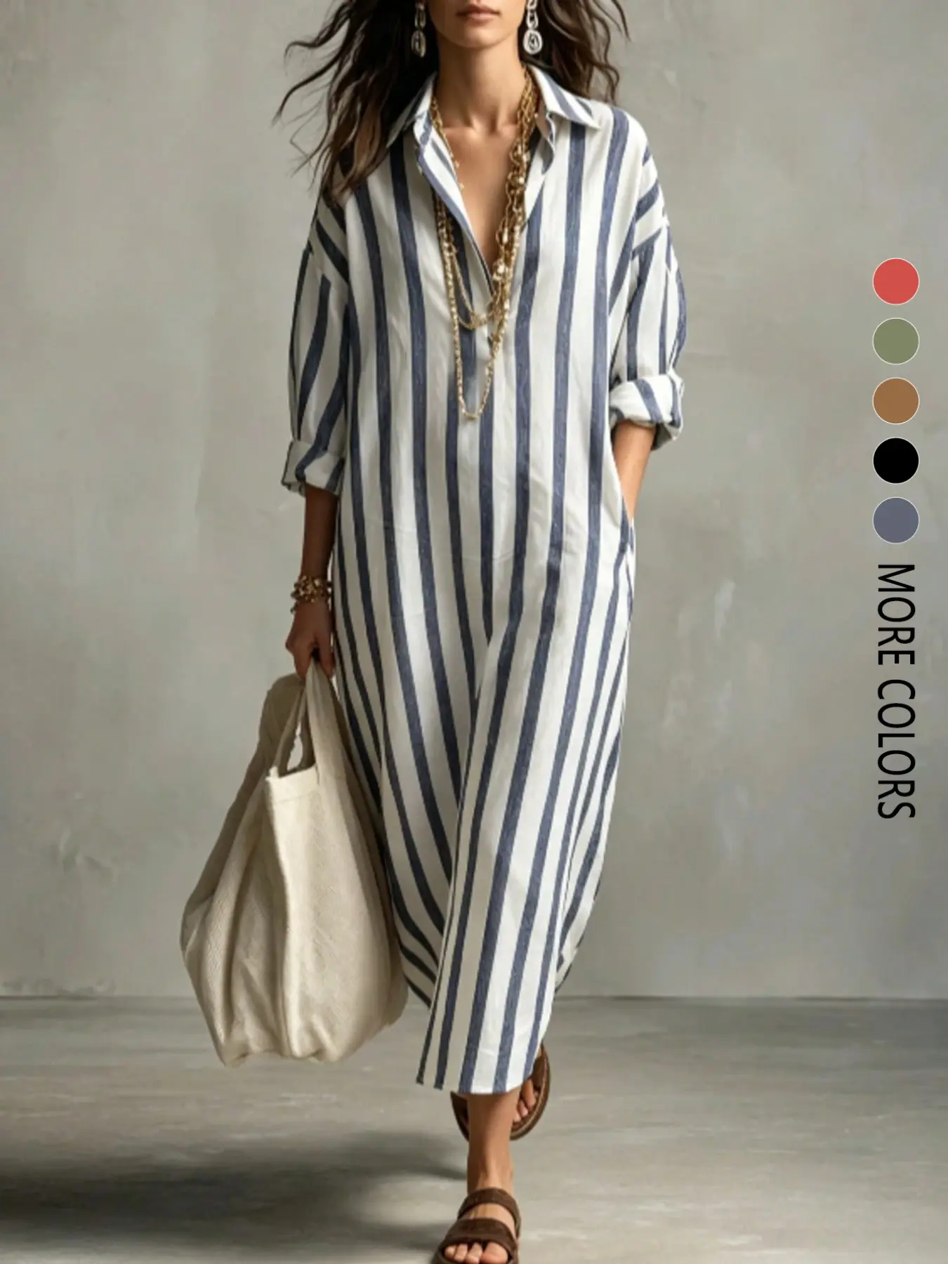 Women's striped long-sleeved Button Up Dress with button closure and double pockets, suitable for all seasons and everyday wear.