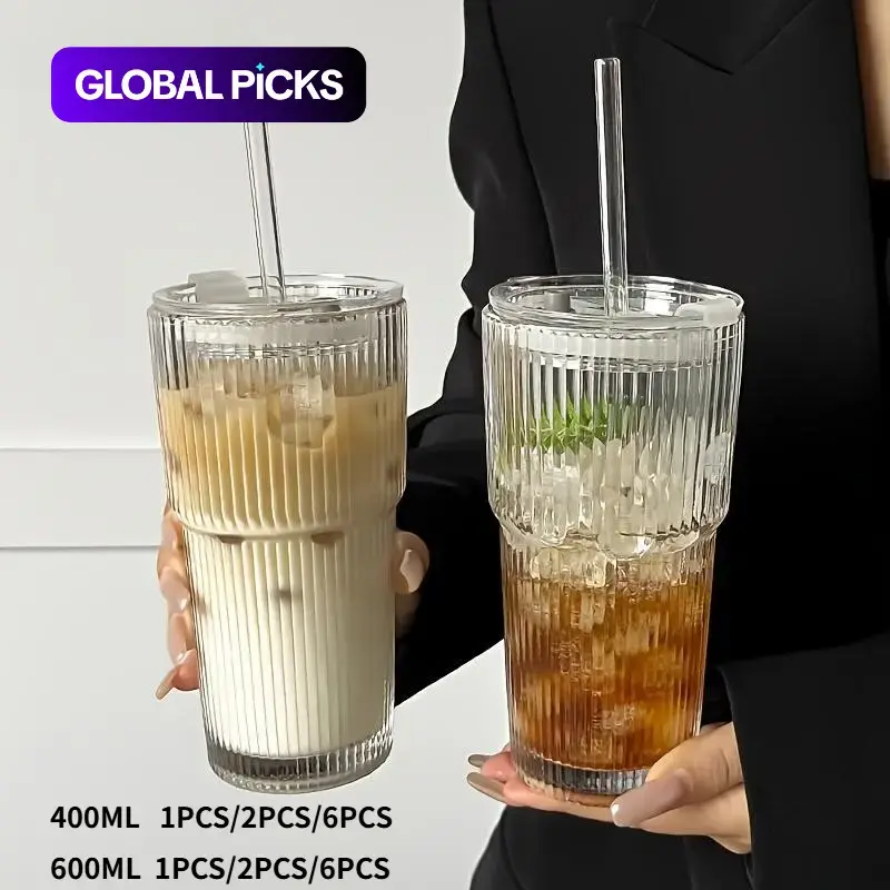 Large-Capacity Clear Striped Glass Tumbler with Lid, Reusable Cold-Drink Cup for Juice or Coffee, Hand-Wash-Only Drinkware, Clear Water Tumblers for Home, Office, Indoor, Celebrations & Gift