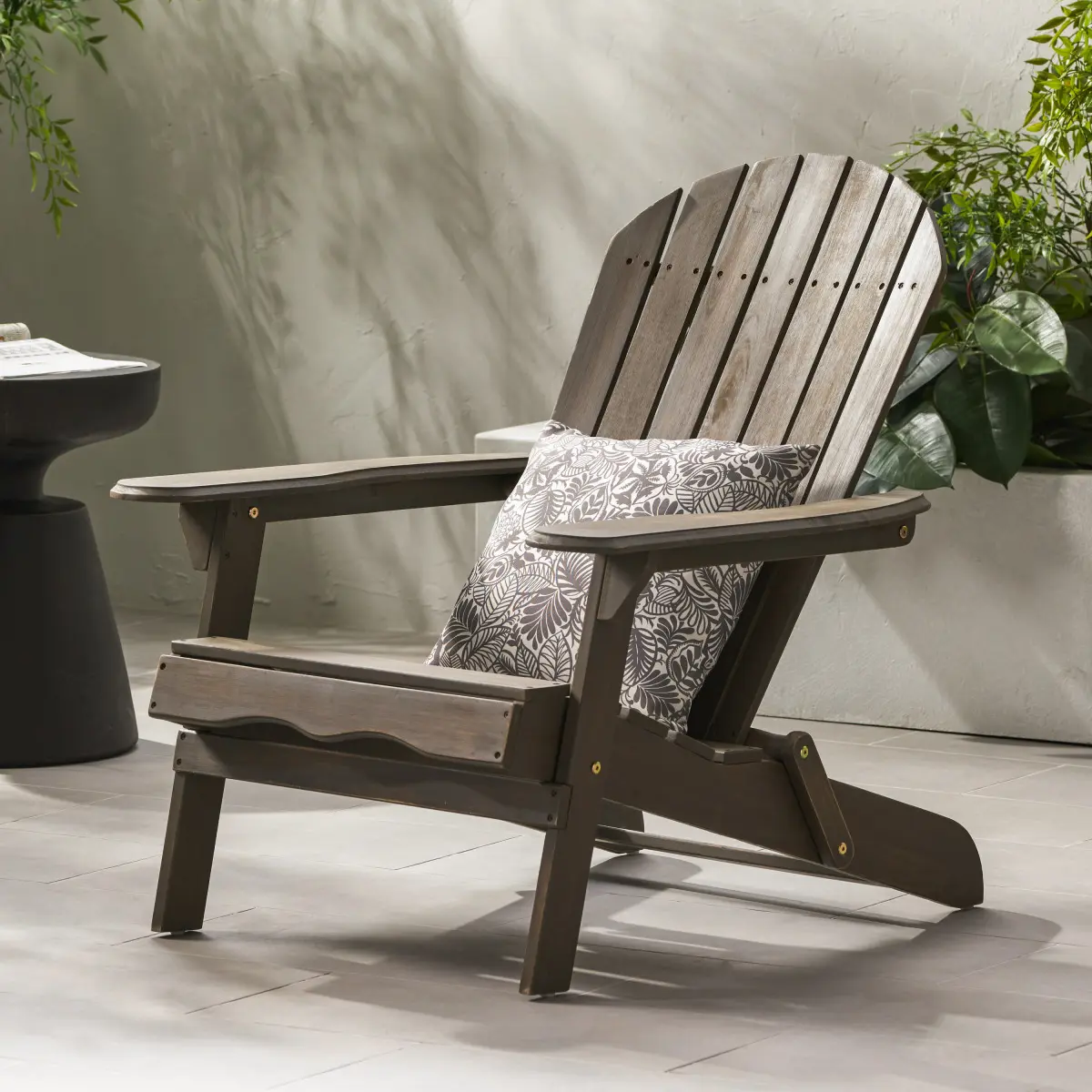 Malibu Folding Adirondack Chair, Gray Acacia Wood Outdoor Patio Chair for Backyard, Porch, Deck & Garden, Weather Resistant Rustic Slatted Lounge Chair