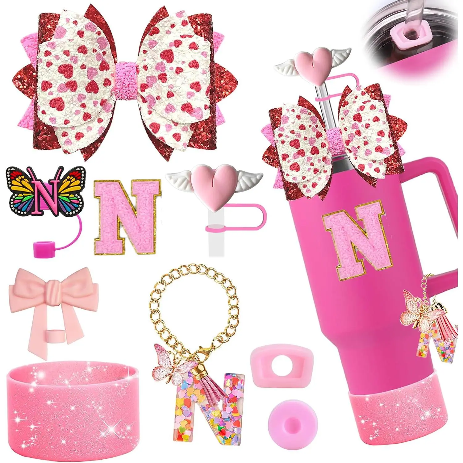 Hot  Set for  30oz 40oz Bow Topper & Bling Boot | Hot  Accessories Set for  30oz/40oz with Bow Straw Topper, Letter Charms, Straw Caps & Bling Boot.
