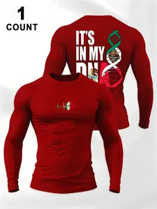 Mexican Dna Heart Ecg Print Long Sleeve T-Shirt, Men's Fitted Sporty Fitness Top, Daily Patriotic Fashion Underwear, Fitness Shirts