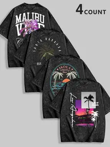 Men's Letter Coconut Tree Print Round Neck Short Sleeve T-Shirt, Irregular Snowflake Full Print, Casual Comfortable Top, Gift for Friends